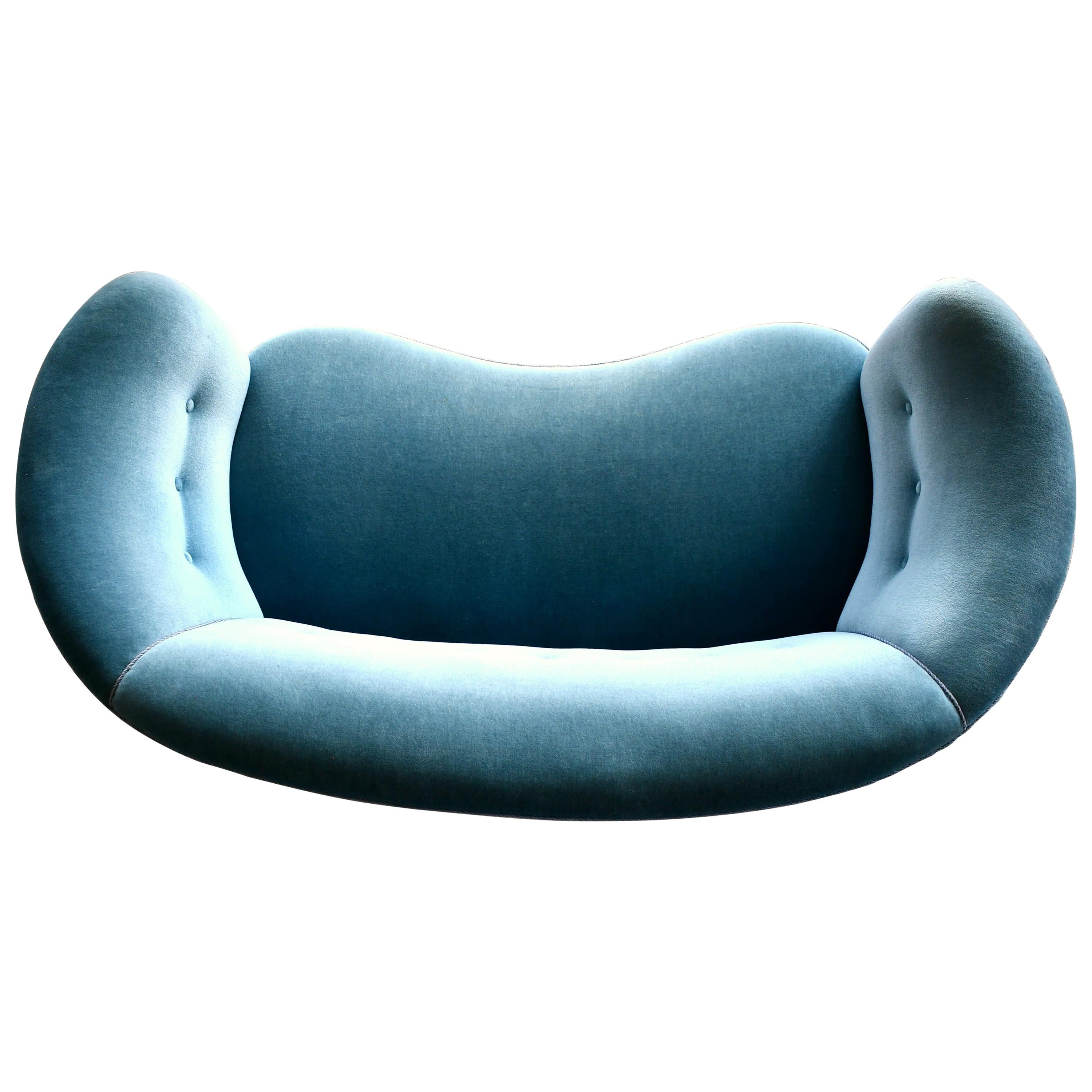 Danish 1940s Boesen Style Banana Form Curved Sofa or Loveseat in Teal Velvet