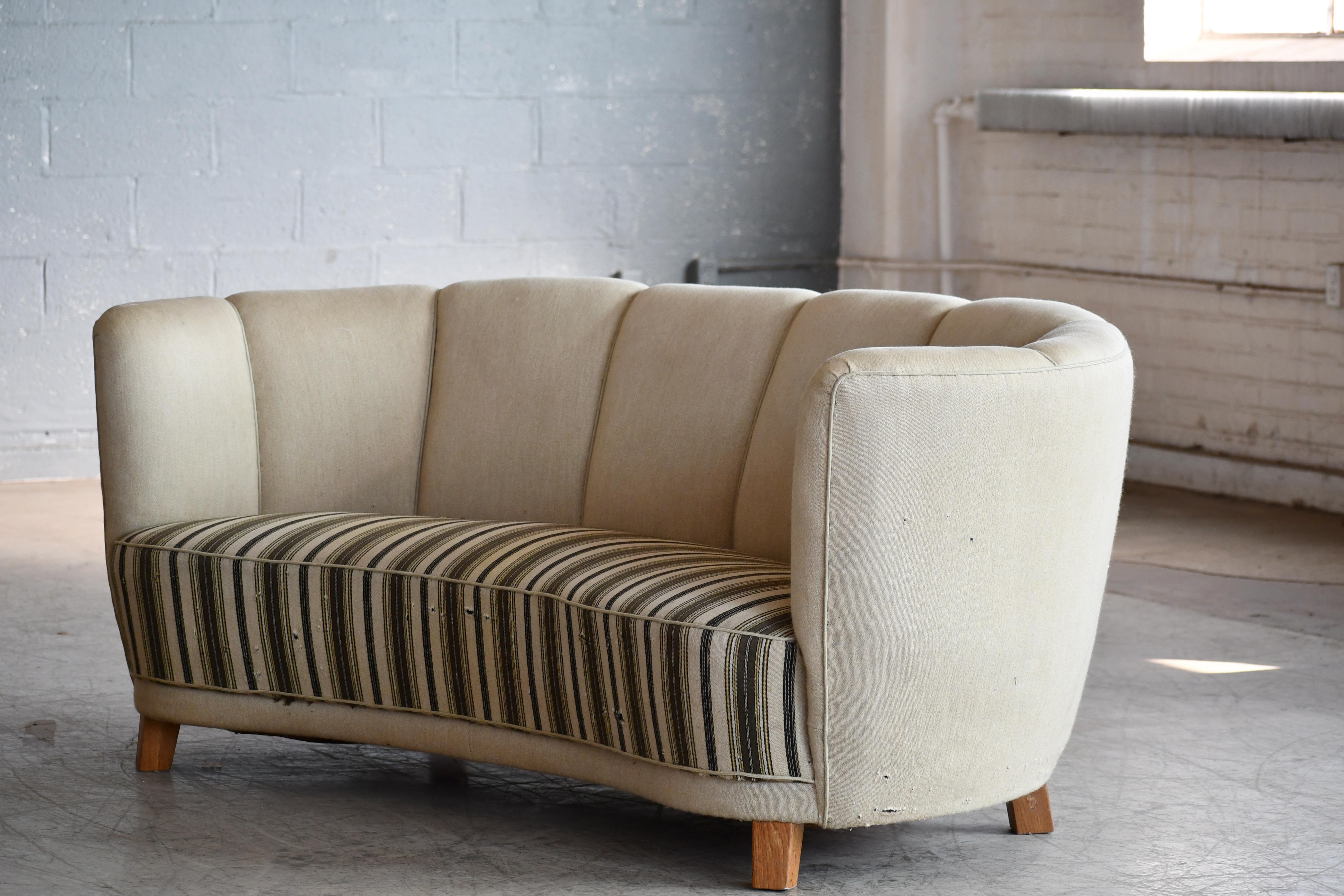 Mid-Century Modern Danish 1940s Boesen Style Banana Form Curved Sofa or Loveseat 'v'