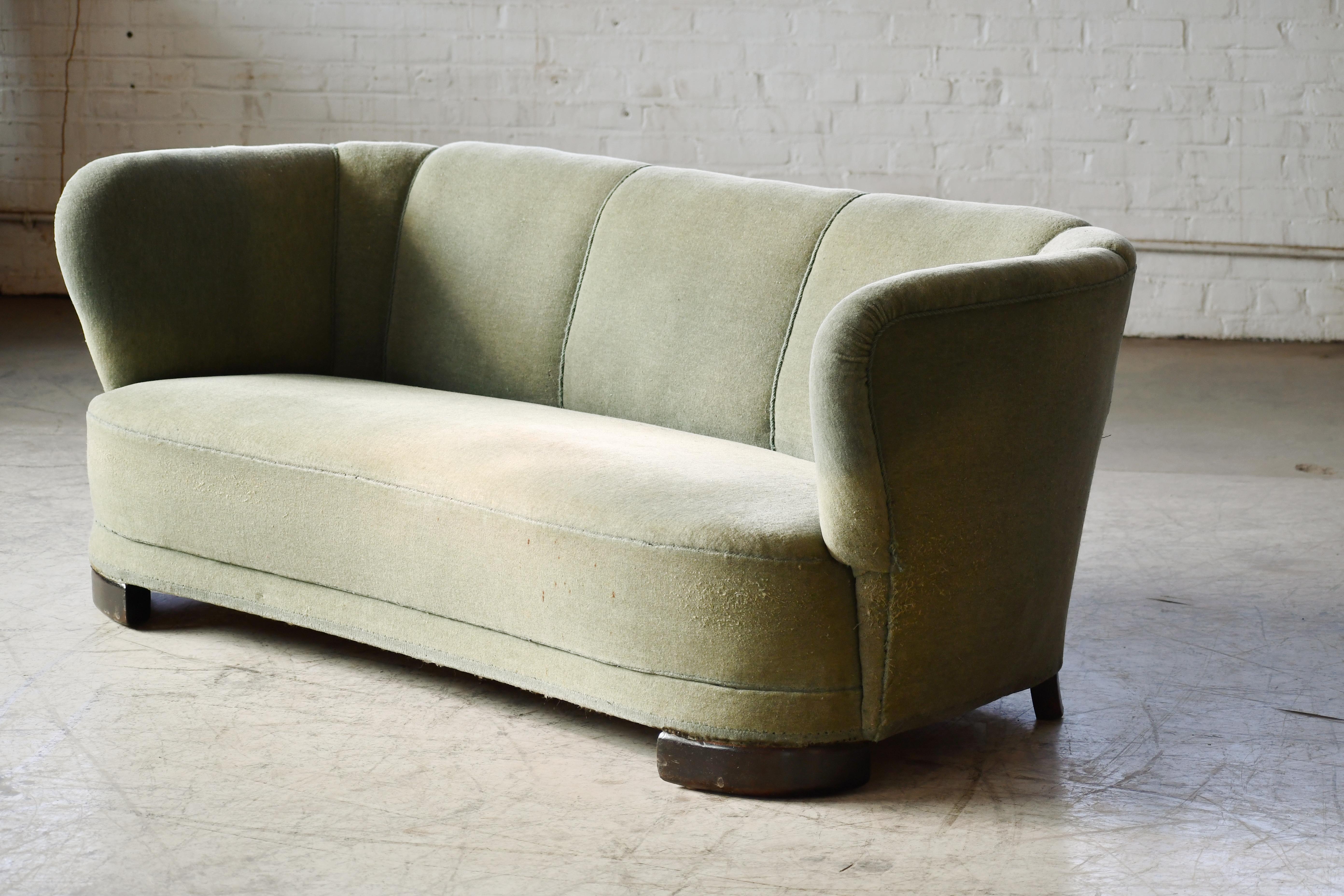 Mid-Century Modern Danish 1940s Channel Back Banana Form Curved Sofa in Green Wool