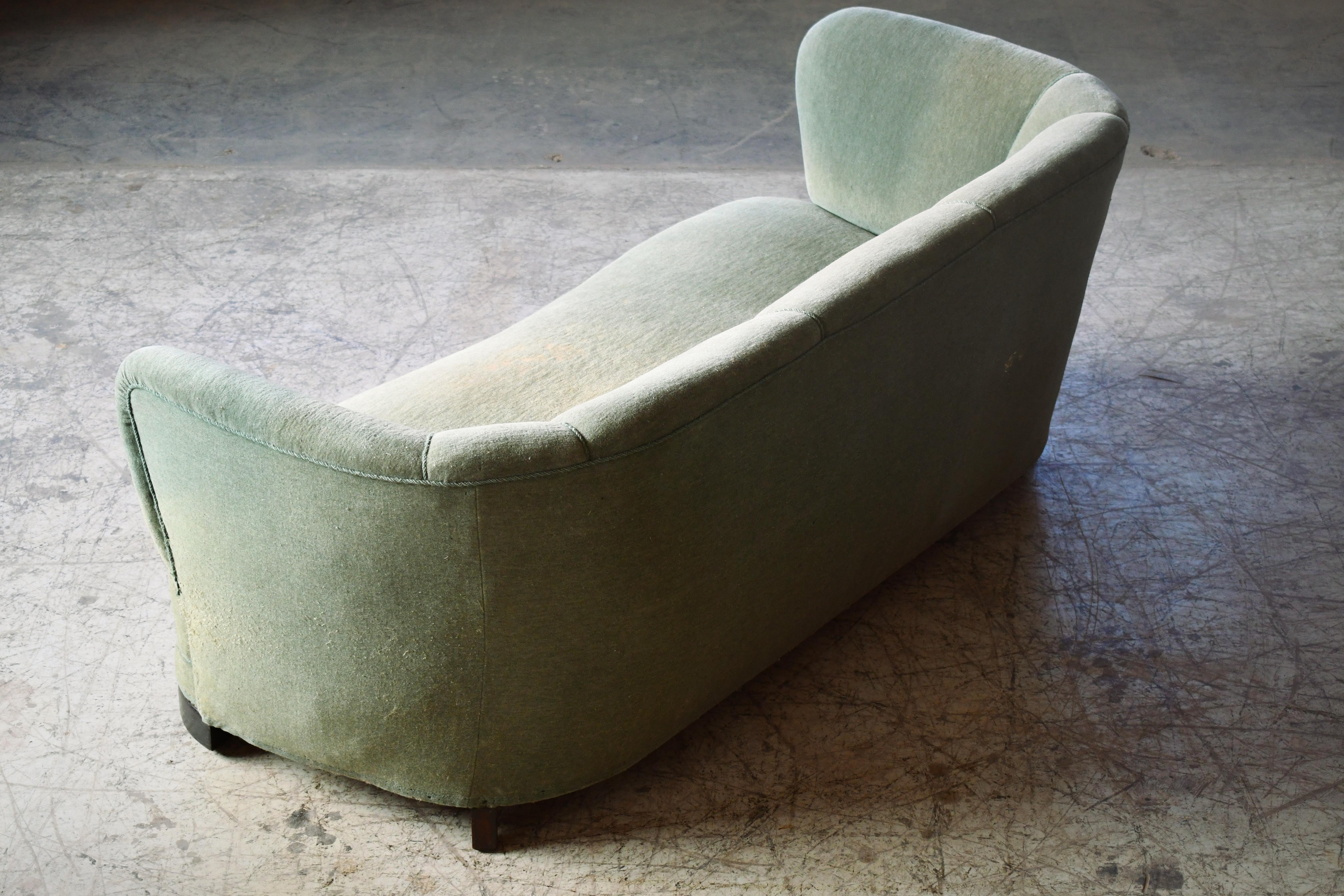 Mid-20th Century Danish 1940s Channel Back Banana Form Curved Sofa in Green Wool