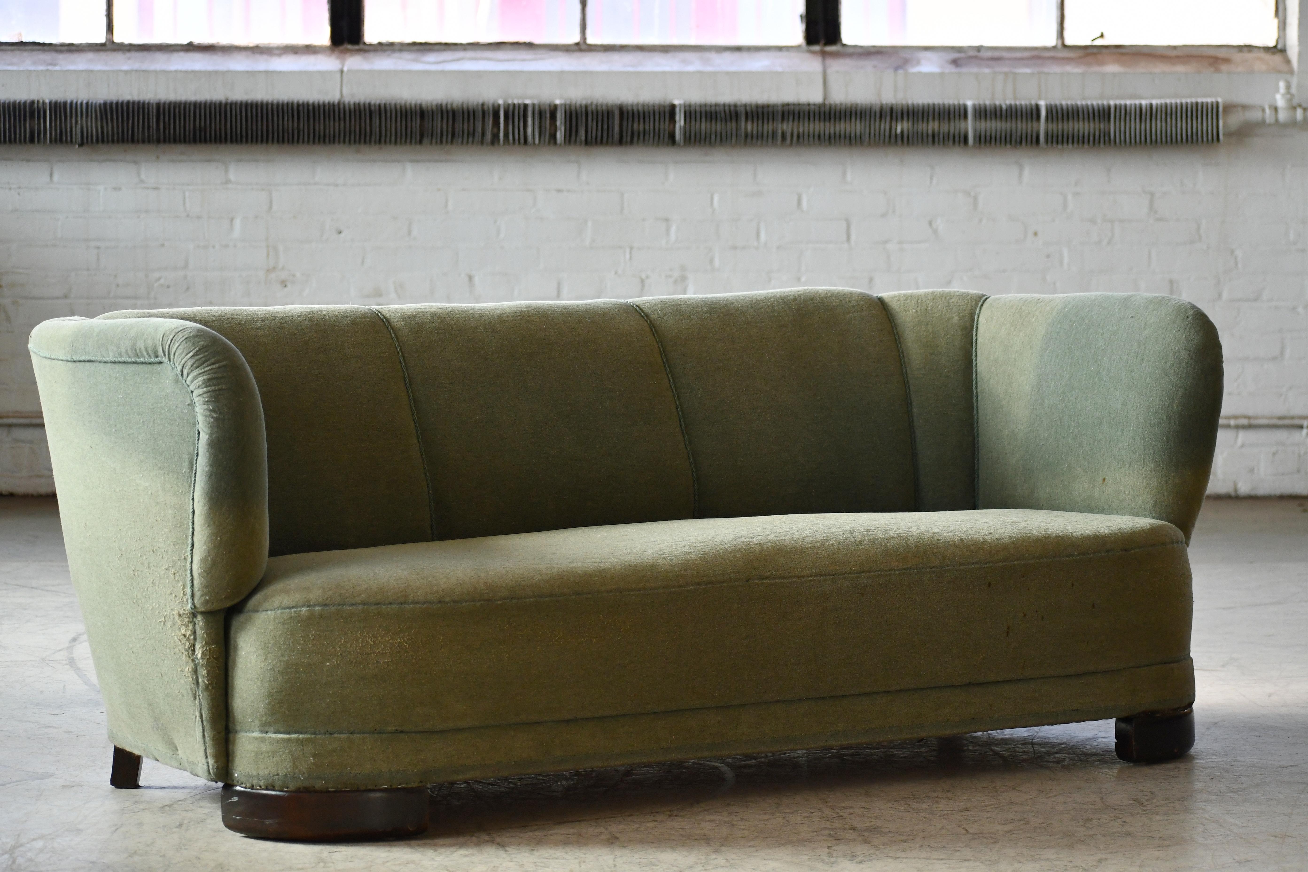 Danish 1940s Channel Back Banana Form Curved Sofa in Green Wool 1