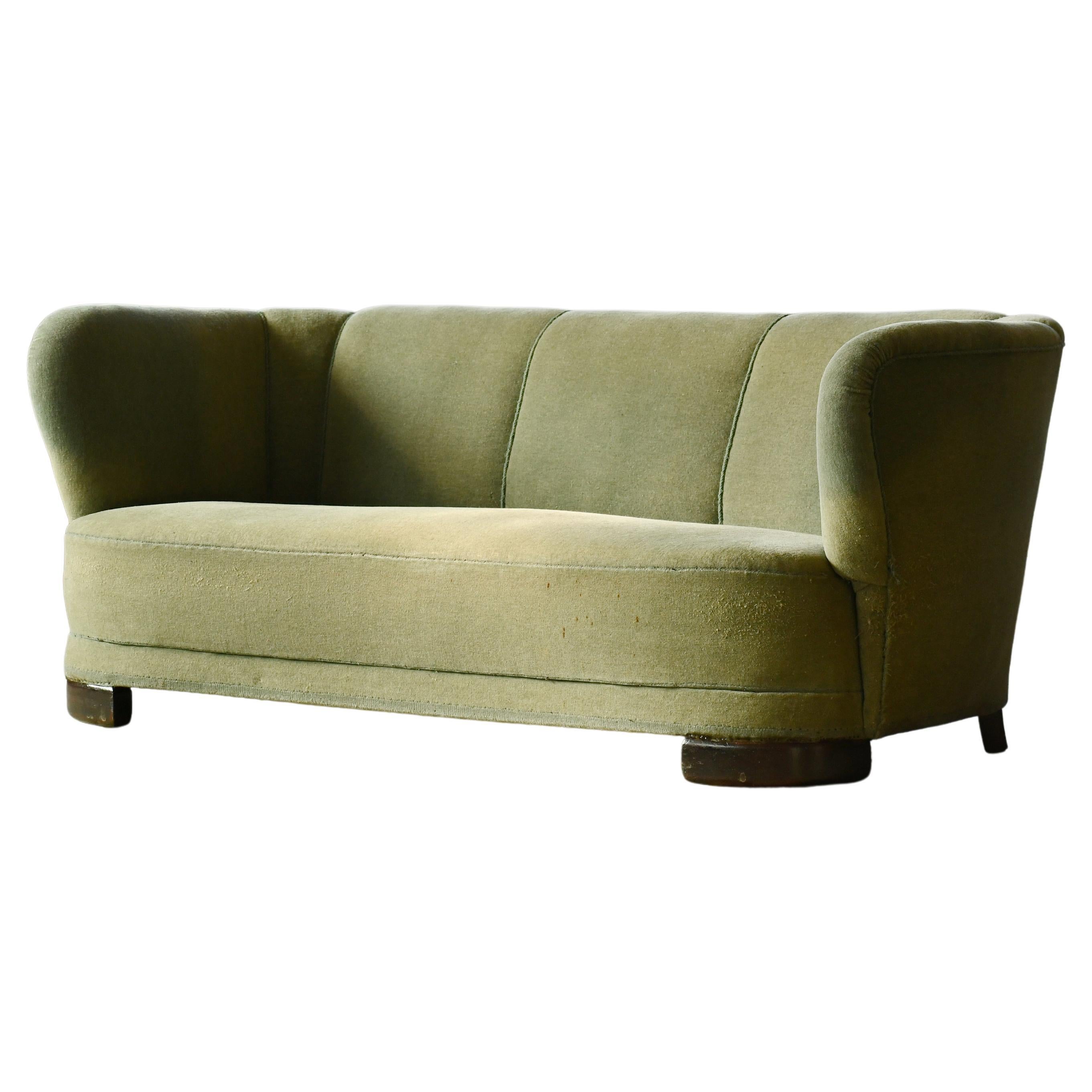 Danish 1940s Channel Back Banana Form Curved Sofa in Green Wool