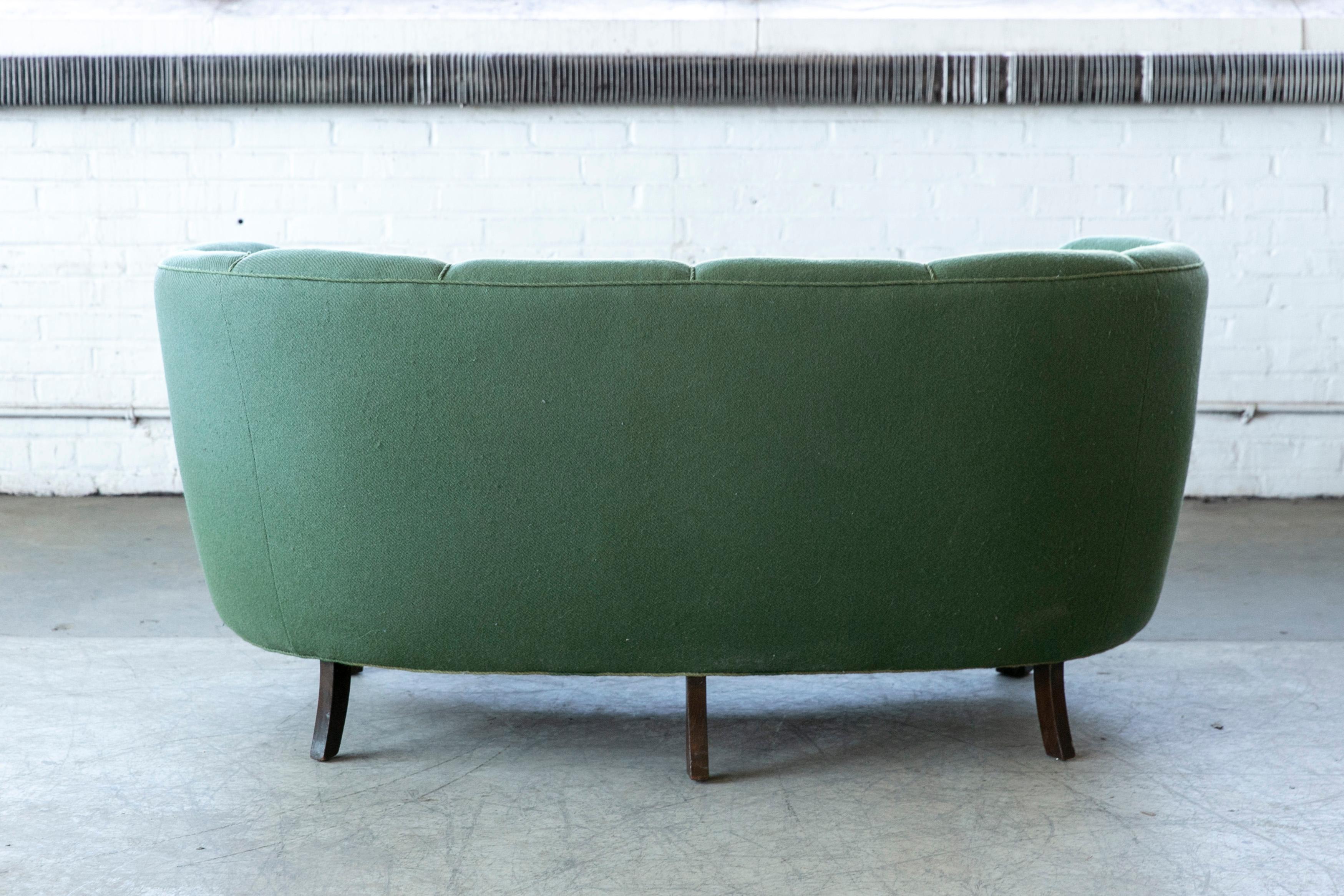 Danish 1940s Channel Back Banana Form Curved Sofa or Loveseat in Green Wool 6