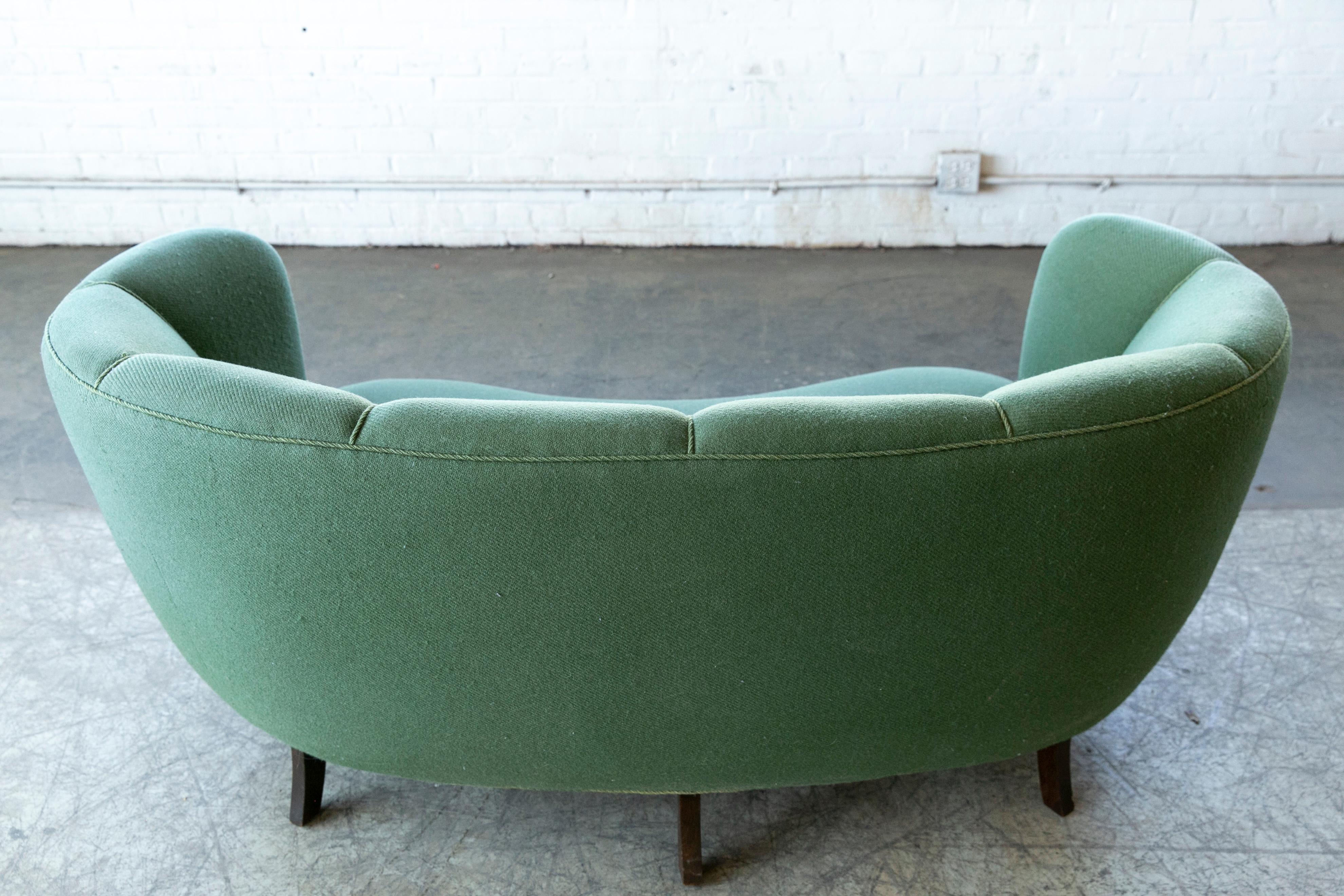 Danish 1940s Channel Back Banana Form Curved Sofa or Loveseat in Green Wool 7