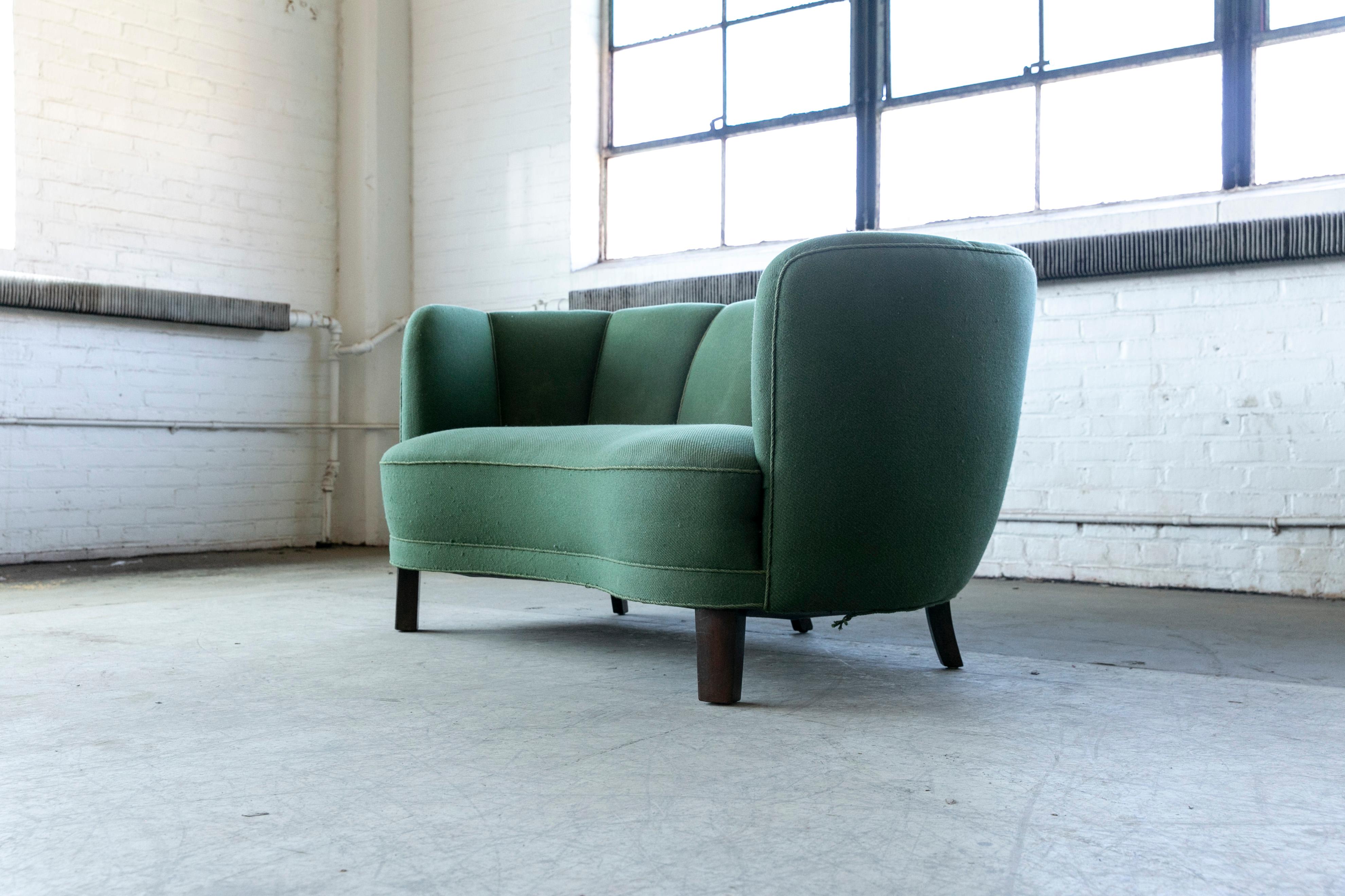 Mid-Century Modern Danish 1940s Channel Back Banana Form Curved Sofa or Loveseat in Green Wool