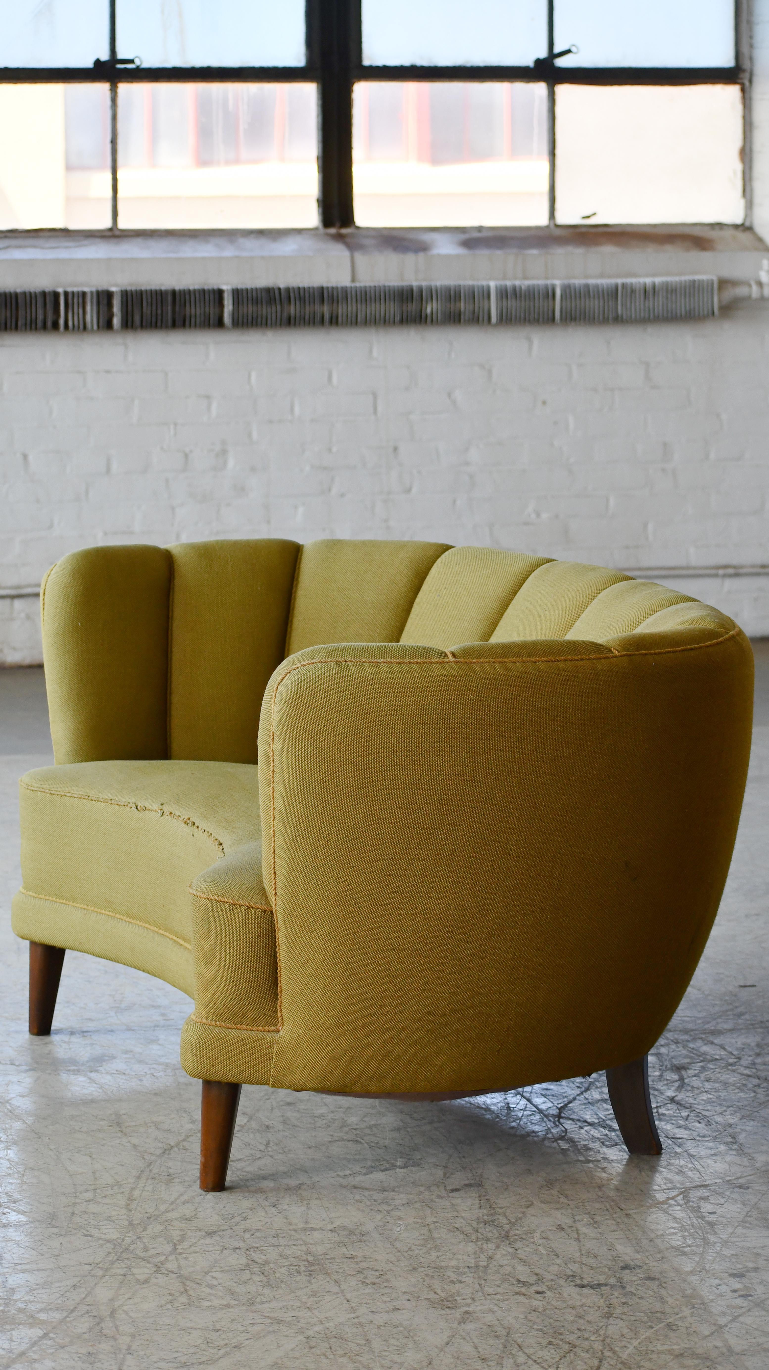 Mid-Century Modern Danish 1940s Channel Back Banana Form Curved Sofa or Loveseat in Green Wool