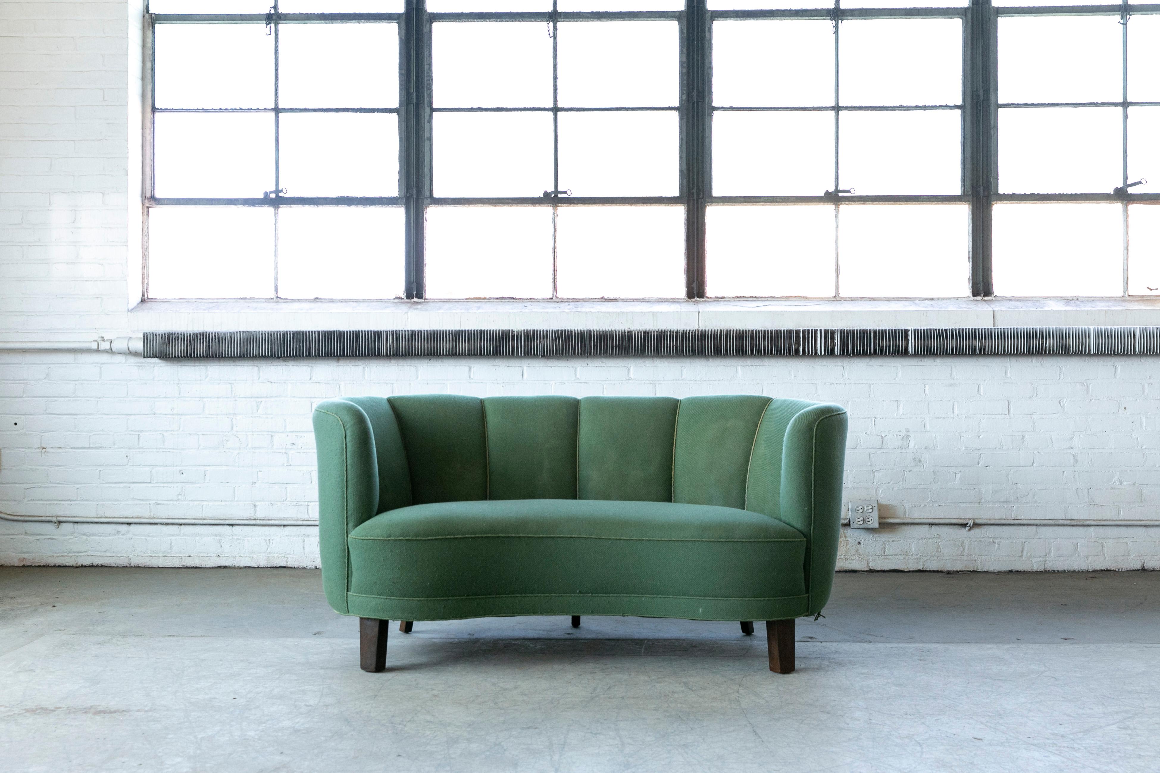Mid-20th Century Danish 1940s Channel Back Banana Form Curved Sofa or Loveseat in Green Wool