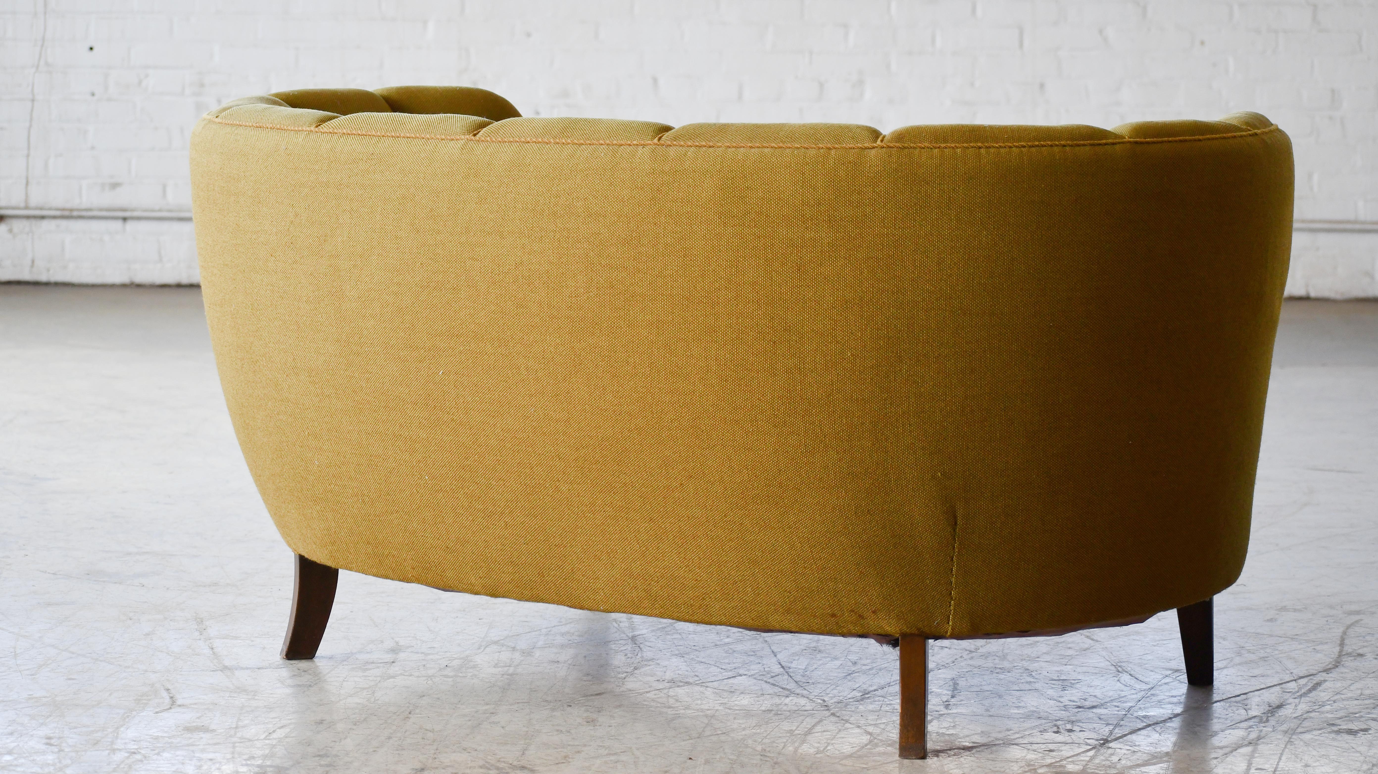Danish 1940s Channel Back Banana Form Curved Sofa or Loveseat in Green Wool 2