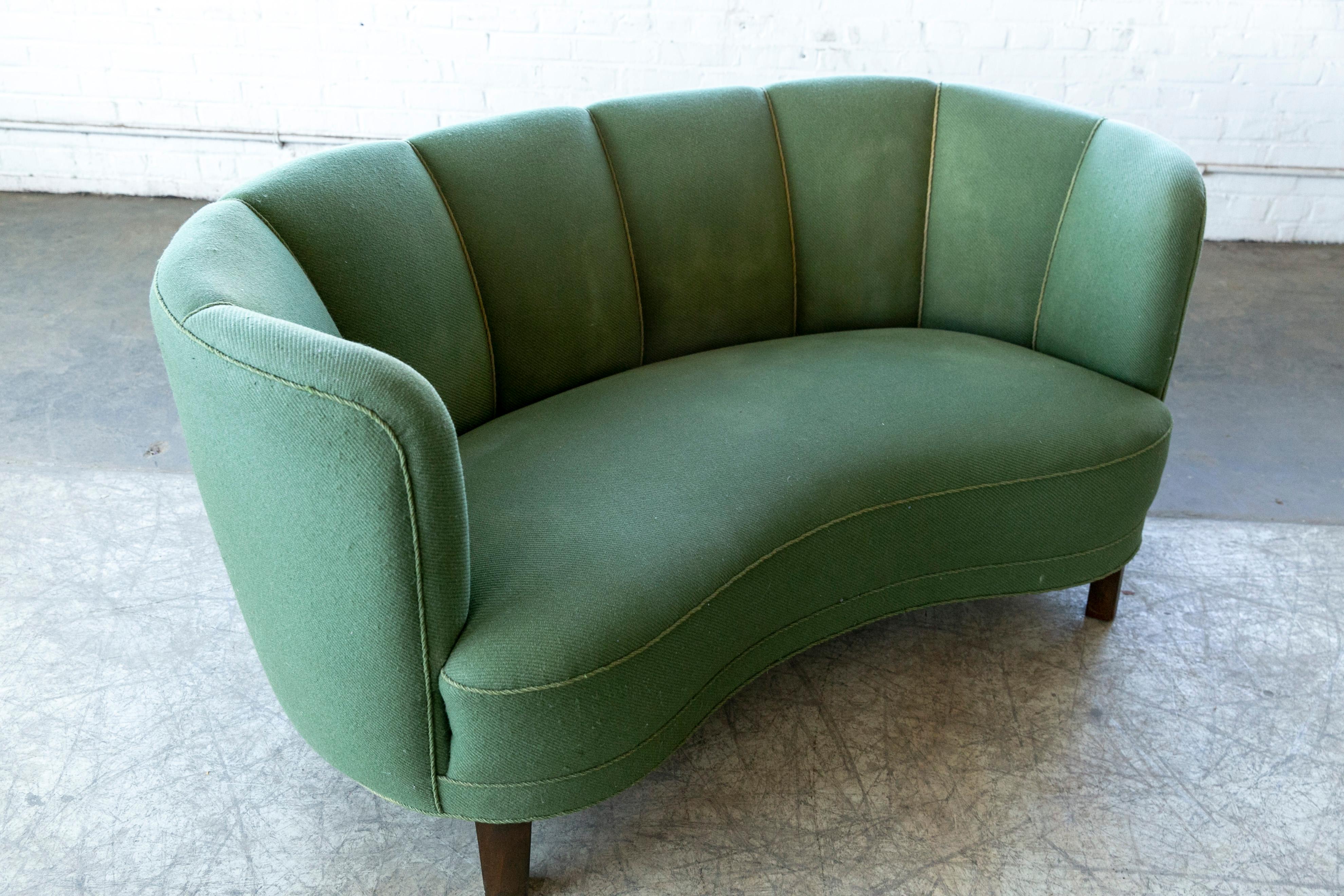 Danish 1940s Channel Back Banana Form Curved Sofa or Loveseat in Green Wool 3