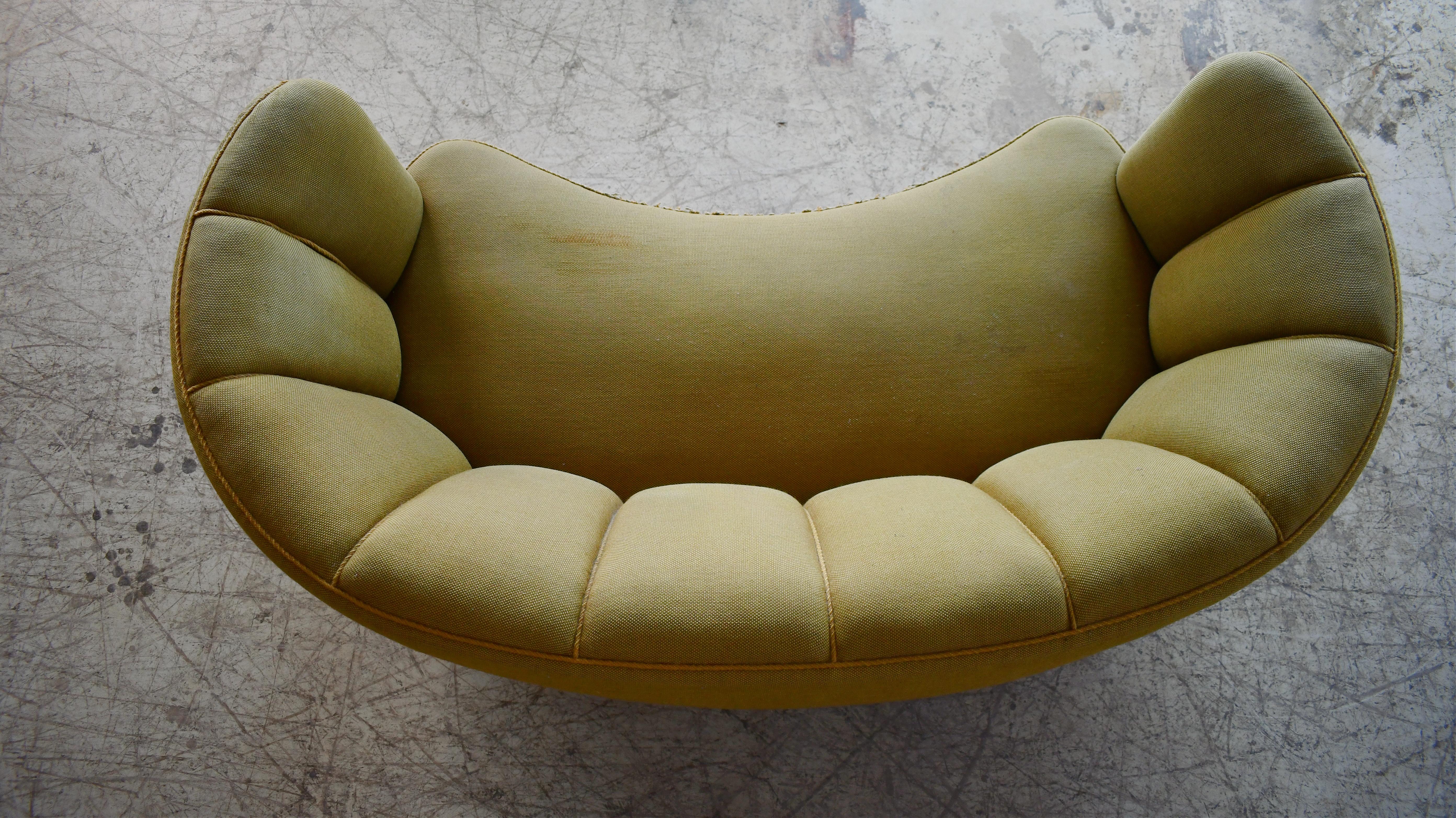 Danish 1940s Channel Back Banana Form Curved Sofa or Loveseat in Green Wool 3