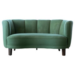 Danish 1940s Channel Back Banana Form Curved Sofa or Loveseat in Green Wool