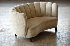 Danish 1940s Channel Back Banana Form Curved Sofa or Loveseat in White Wool
