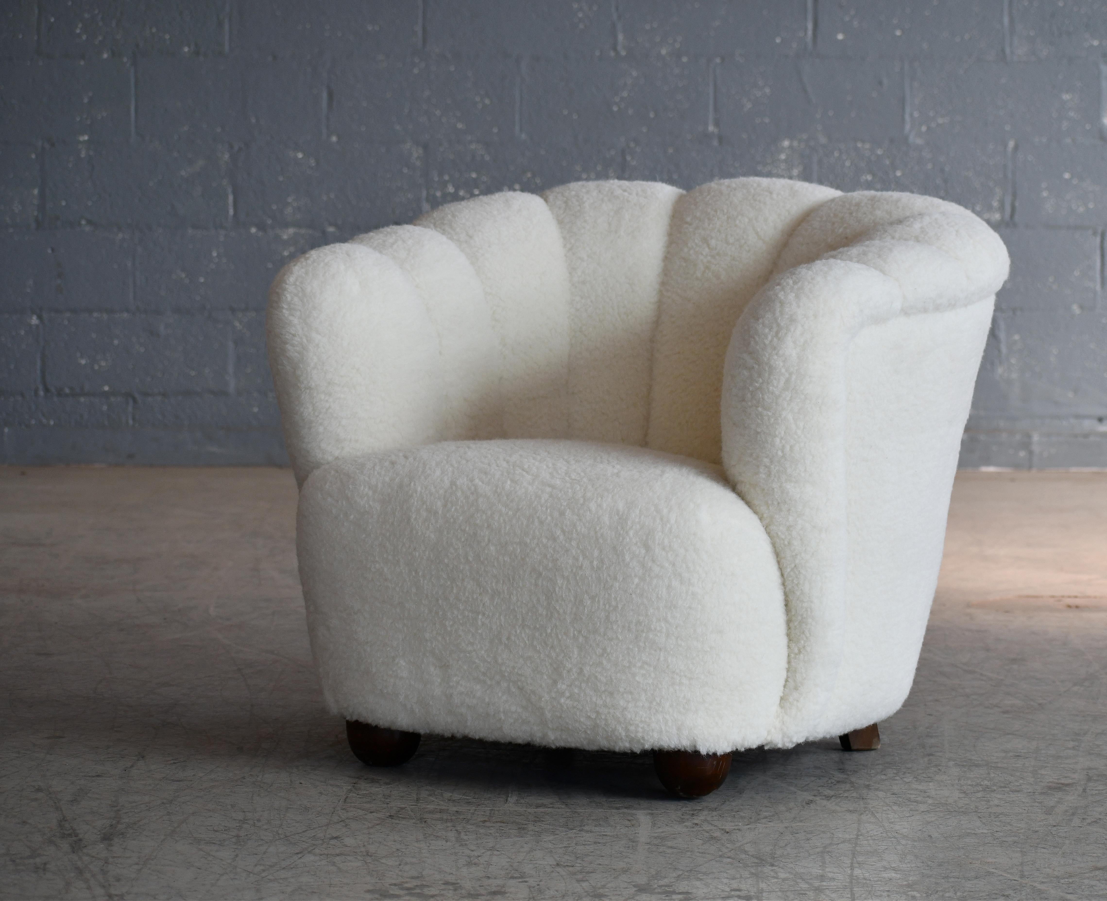 Mid-Century Modern Danish 1940s Channel Back Club Chair in Lambswool For Sale