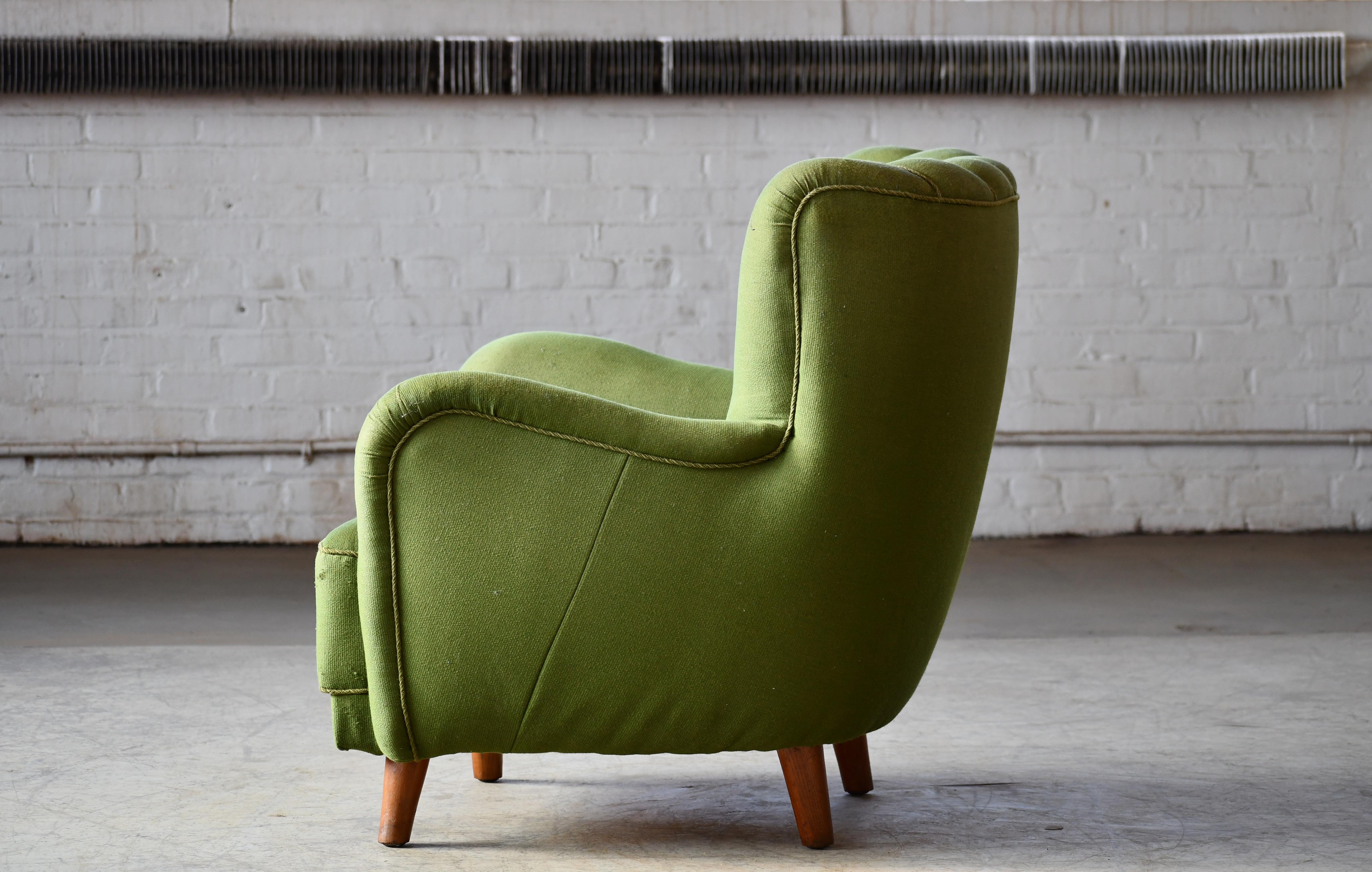 Beech Danish 1940s Channel Back Low Back Lounge Chair in Emerald Green Wool For Sale