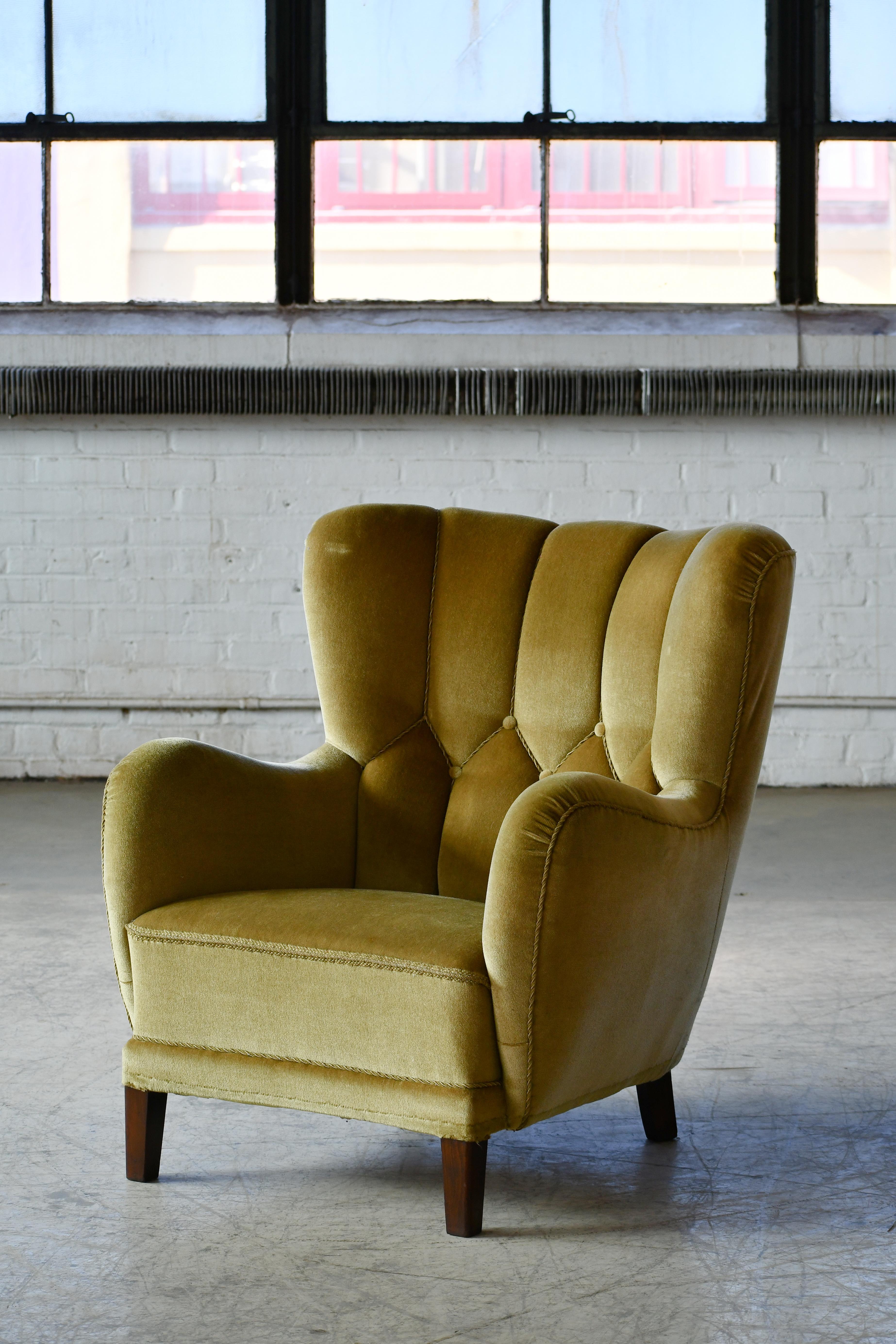 Mid-Century Modern Danish 1940s Channel Back Semi Tall Lounge Chair in Green Mohair For Sale