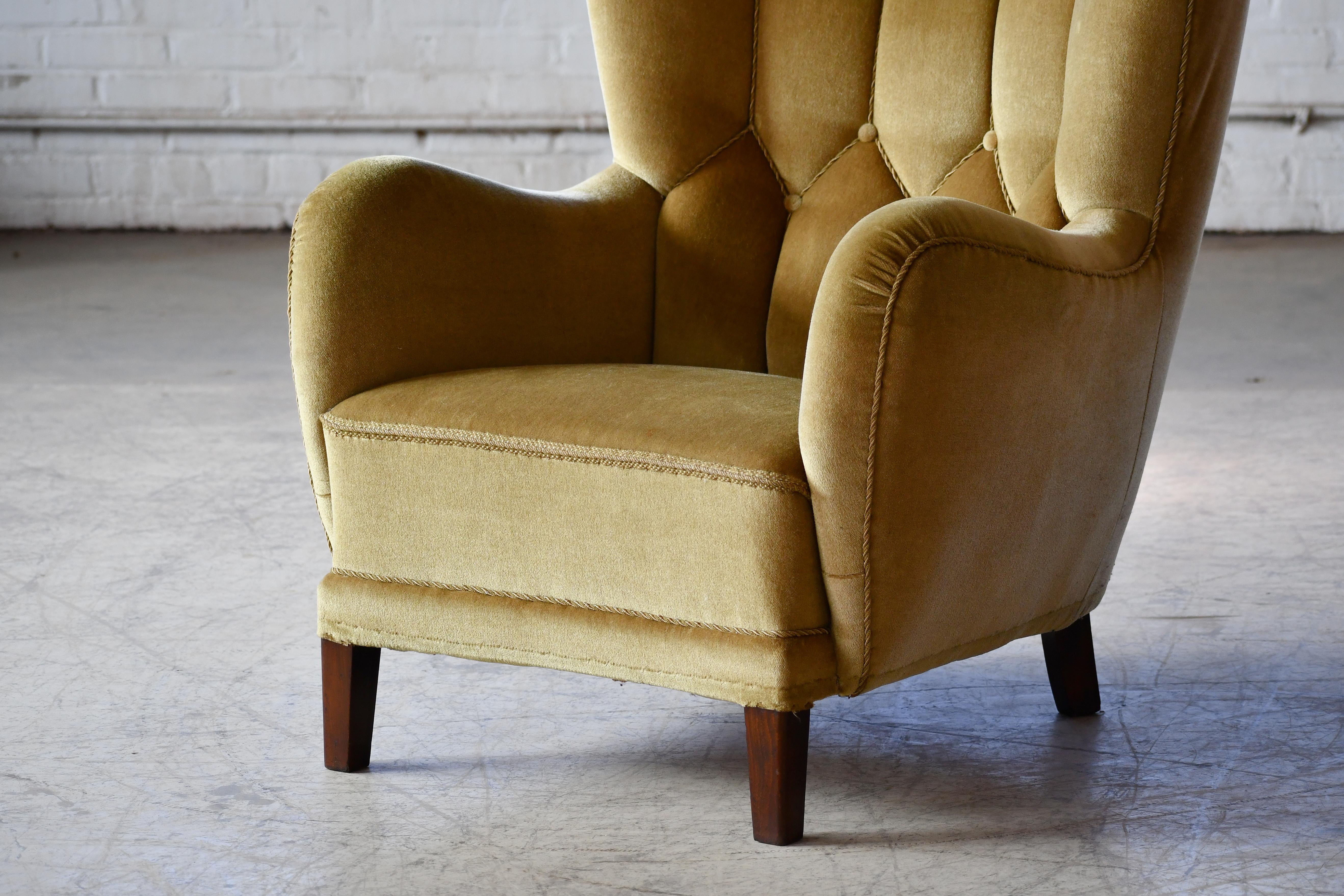 Mid-20th Century Danish 1940s Channel Back Semi Tall Lounge Chair in Green Mohair