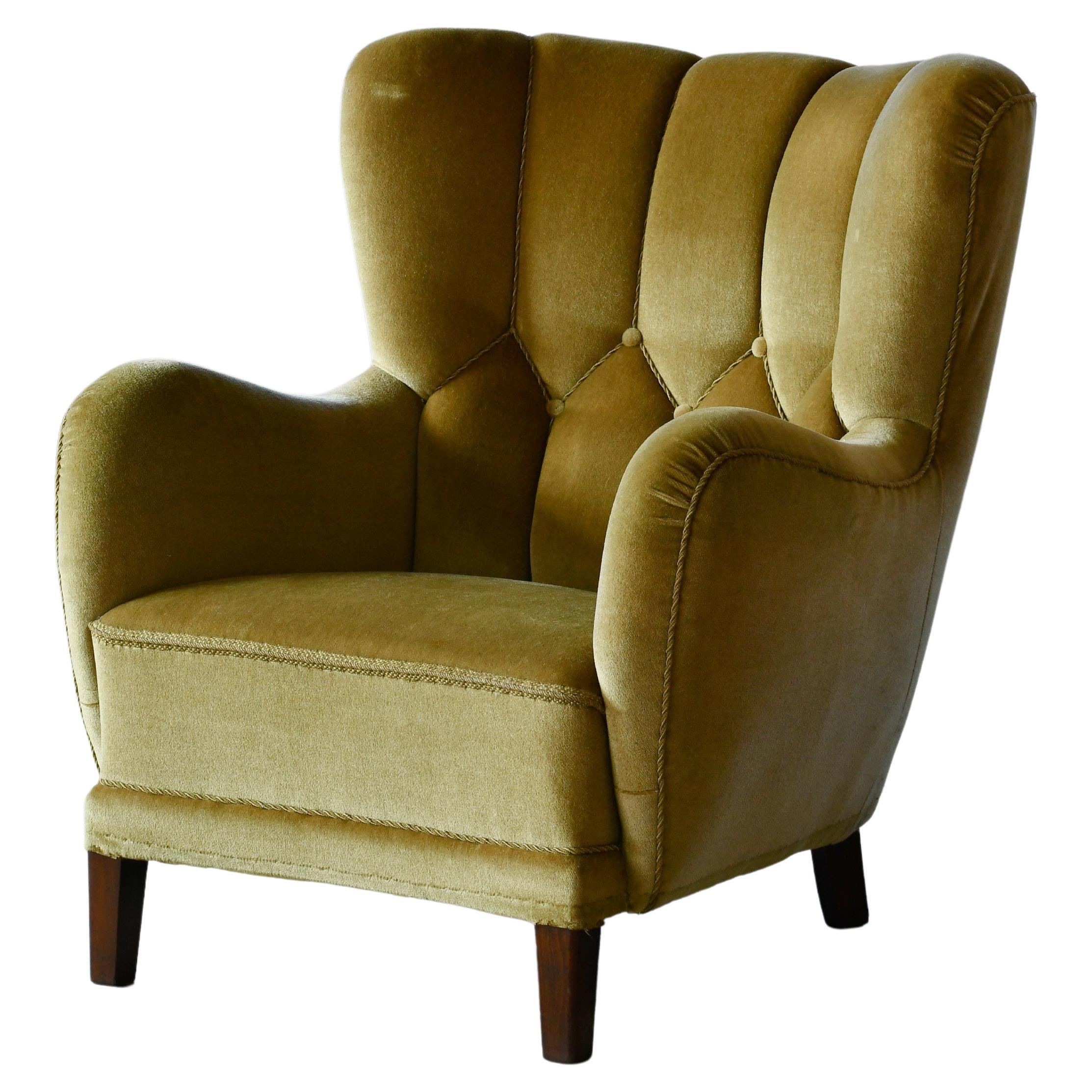 Danish 1940s Channel Back Semi Tall Lounge Chair in Green Mohair