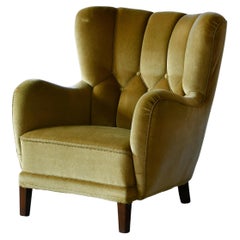 Vintage Danish 1940s Channel Back Semi Tall Lounge Chair in Green Mohair