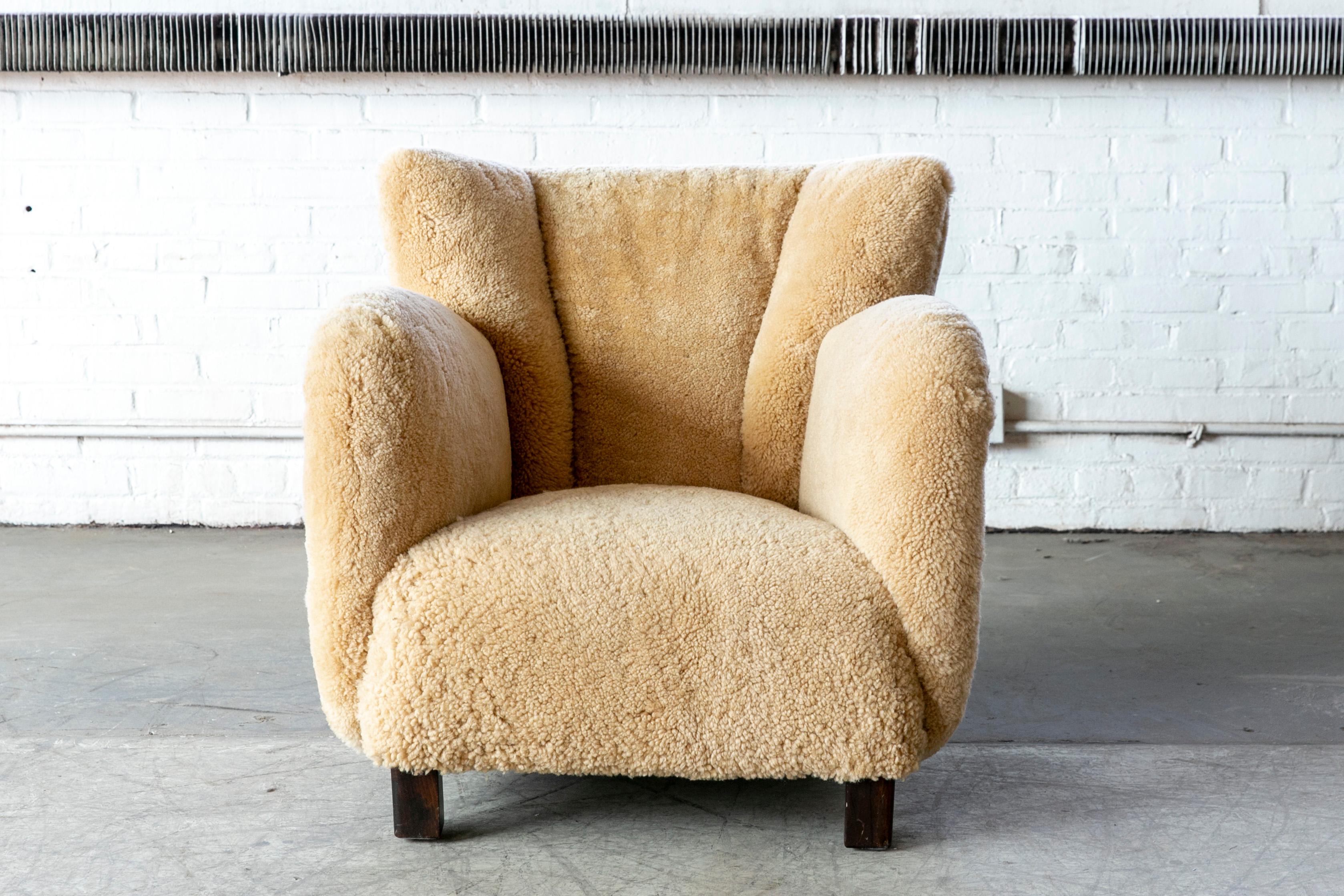 Mid-Century Modern Danish 1940's Club Chair in Amber Color Shearling