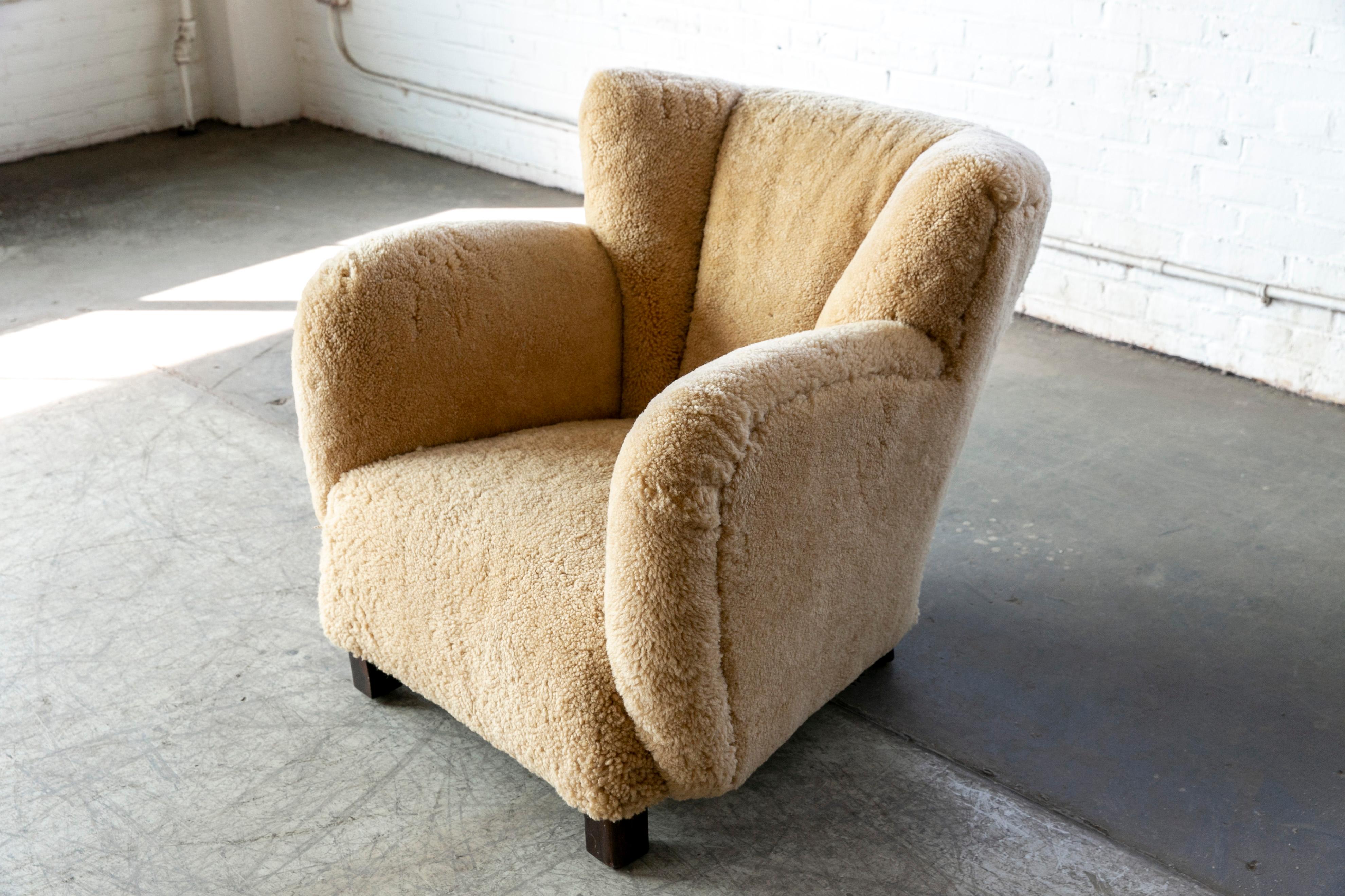 Danish 1940's Club Chair in Amber Color Shearling In Excellent Condition In Bridgeport, CT