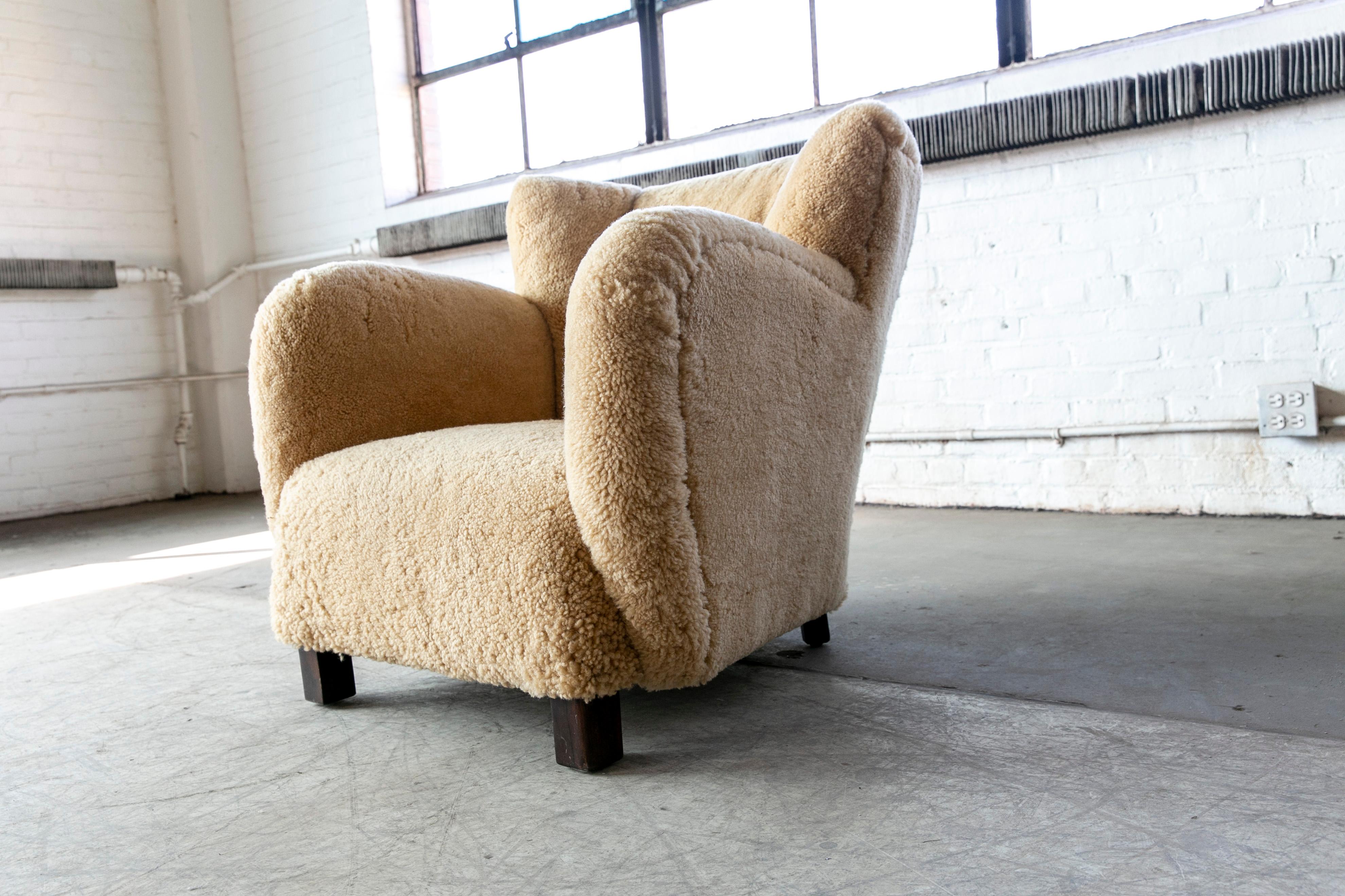 Mid-20th Century Danish 1940's Club Chair in Amber Color Shearling