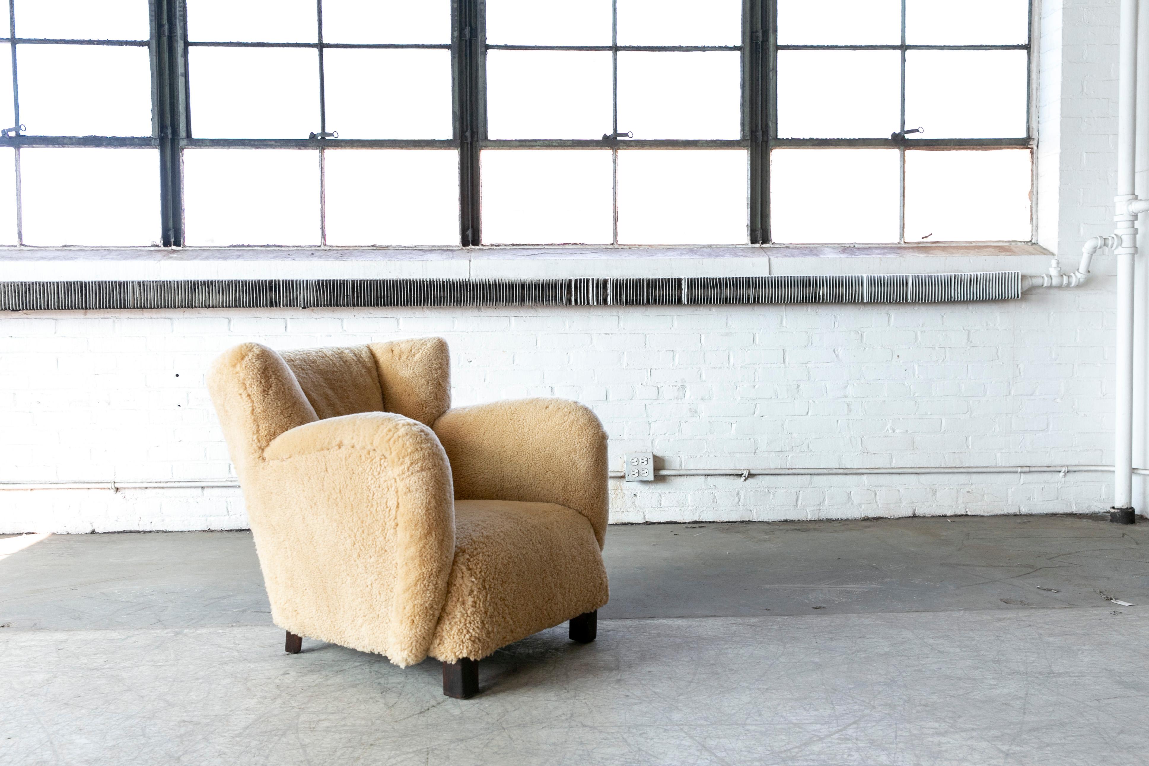 Sheepskin Danish 1940's Club Chair in Amber Color Shearling