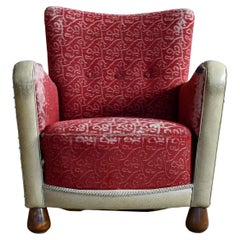 Fauteuil club danois des années 1940 en tissu et cuir patiné style Fritz Hansen