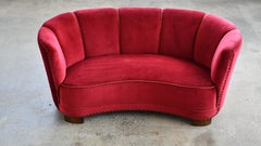 Danish 1940's Curved "Banana" Loveseat or Small Sofa in Red Mohair