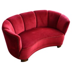 Danish 1940's Curved "Banana" Loveseat or Small Sofa in Red Mohair
