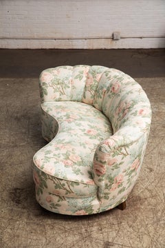 Danish 1940s Curved Banana Shape Loveseat and Chaise Lounge in Floral Fabric
