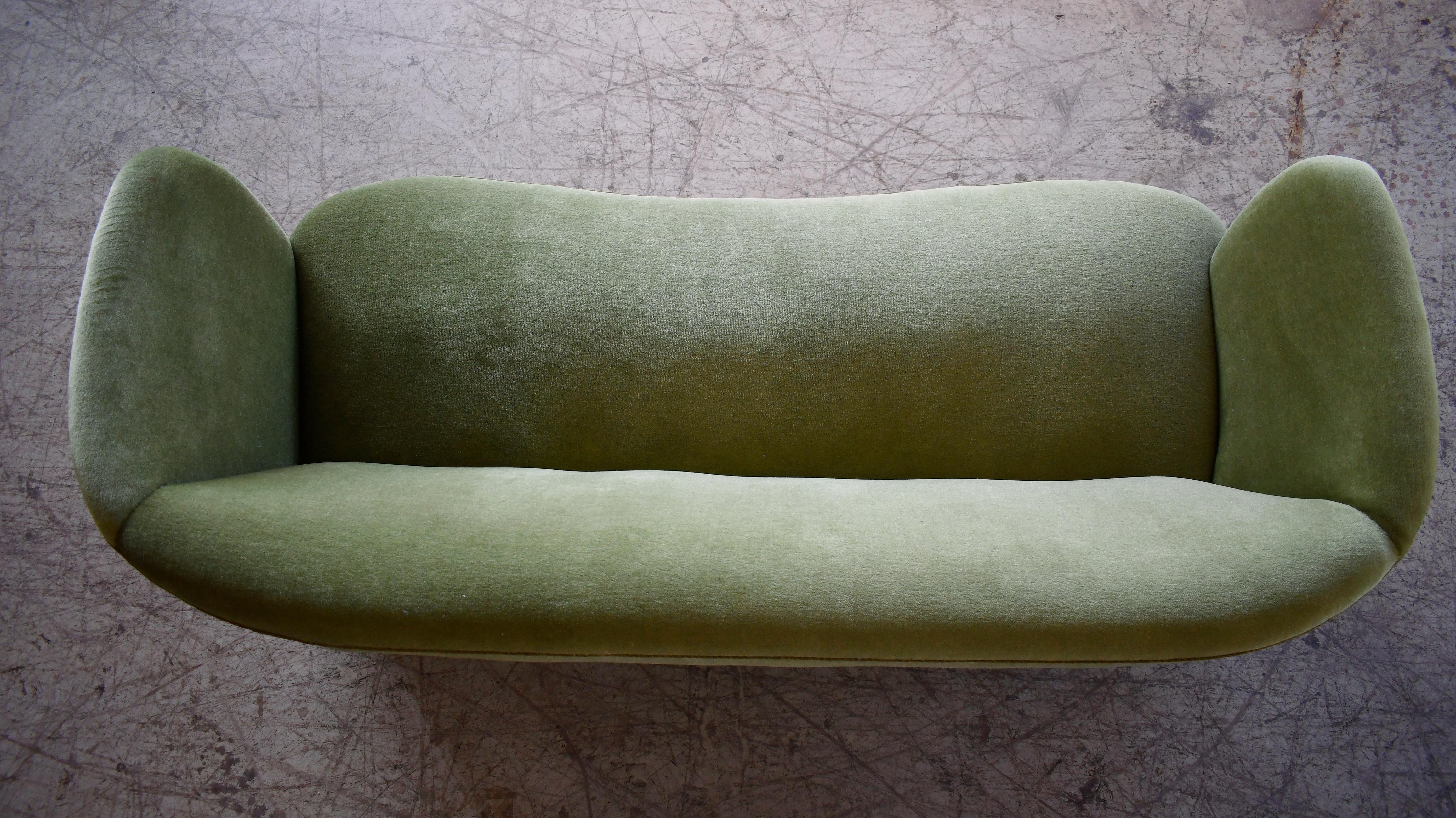 Danish 1940s Curved Banana Shape Loveseat in Green Mohair 5