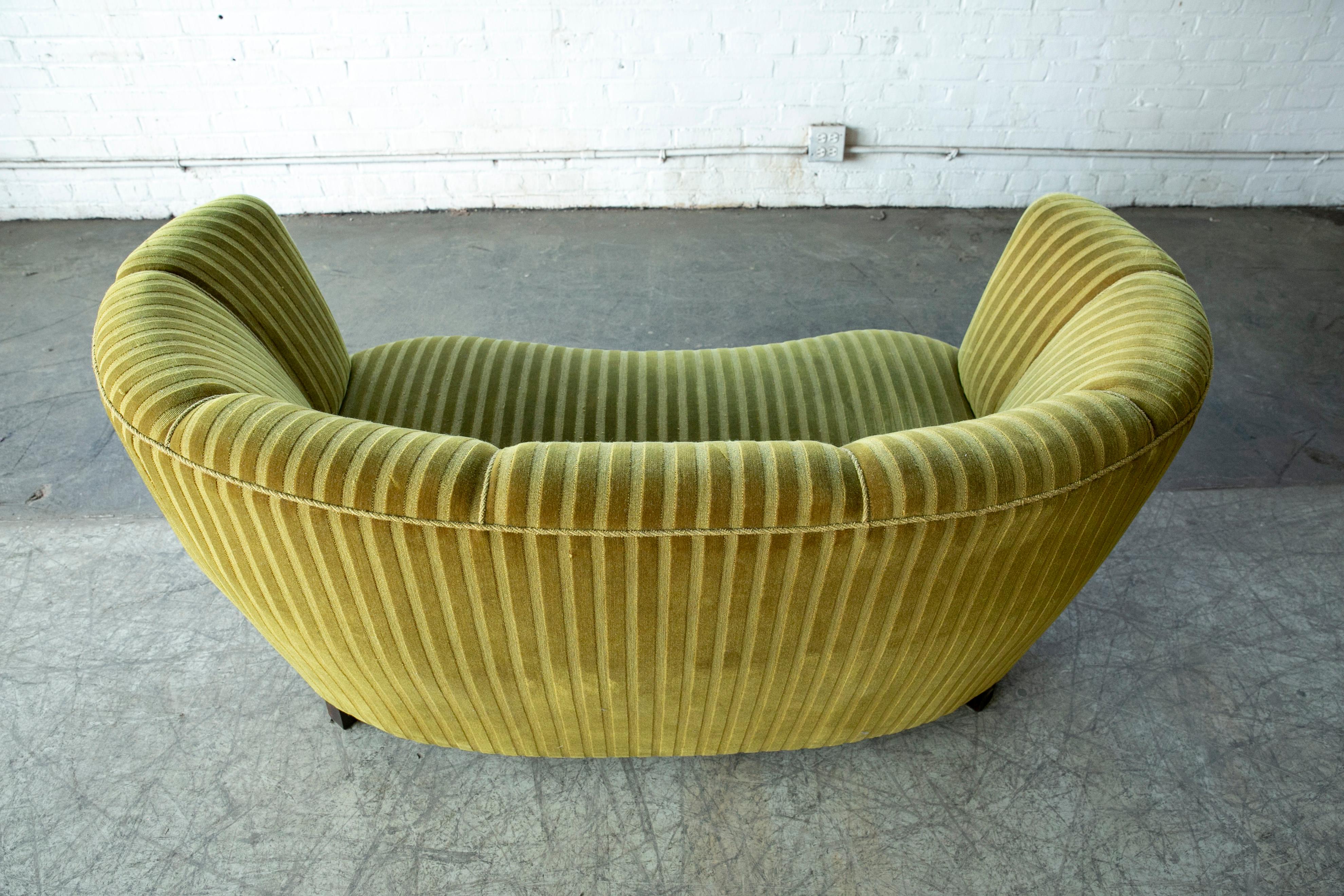 Danish 1940s Curved Banana Shape Loveseat in Green Mohair 4