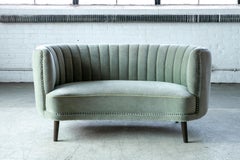 Danish 1940s Curved Banana Shape Loveseat in Green Mohair
