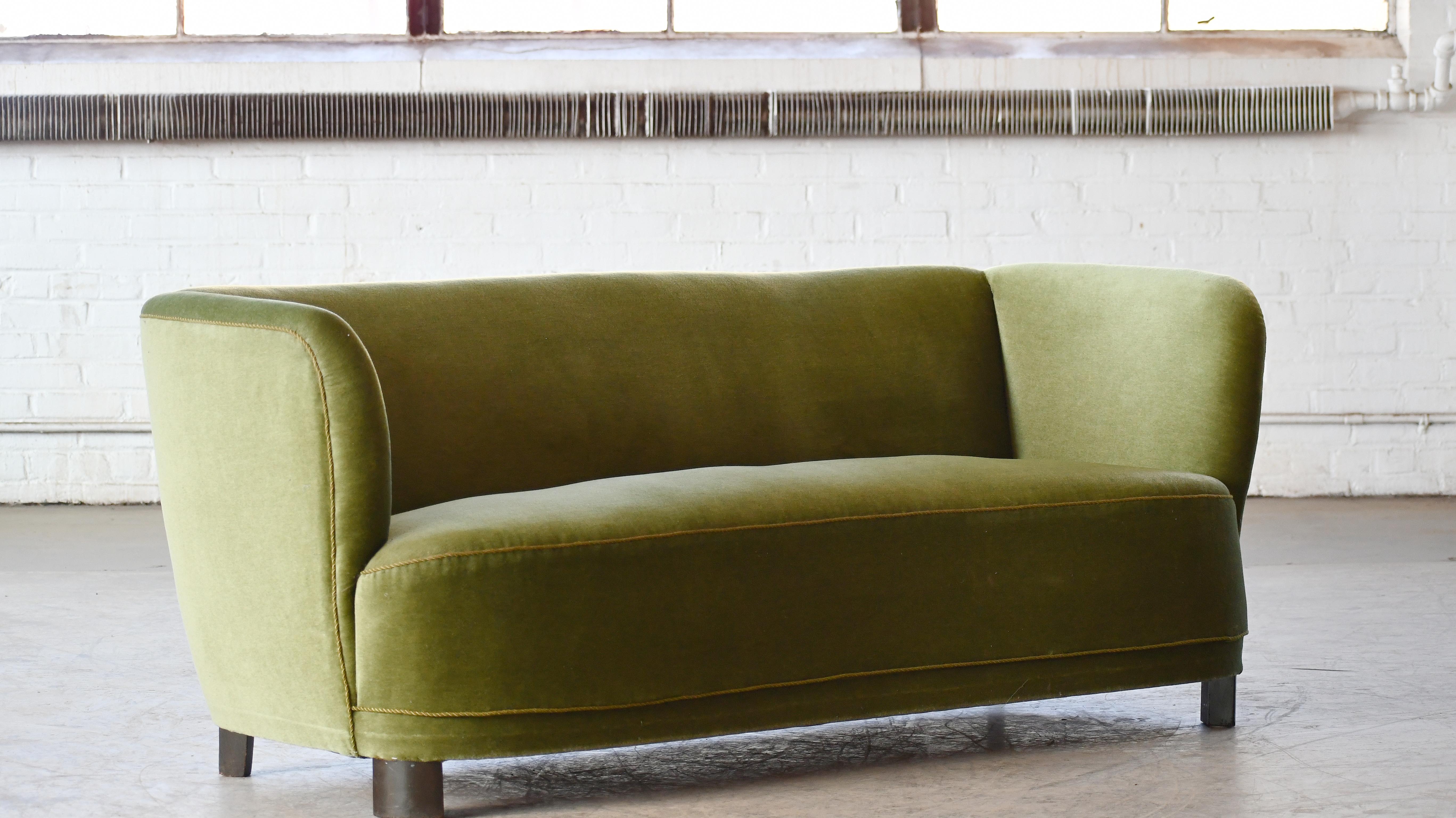 Mid-Century Modern Danish 1940s Curved Banana Shape Loveseat in Green Mohair