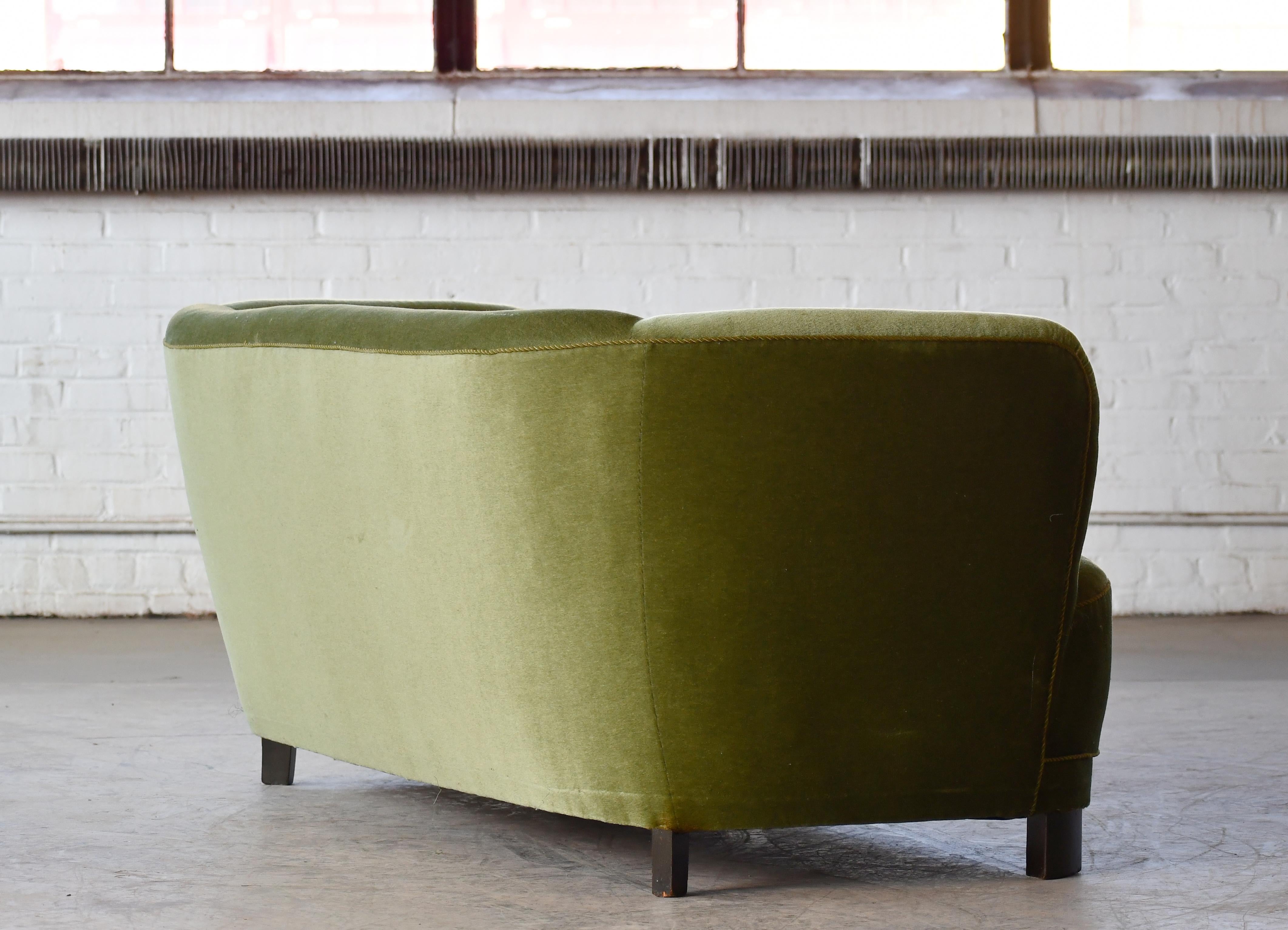 Danish 1940s Curved Banana Shape Loveseat in Green Mohair 1