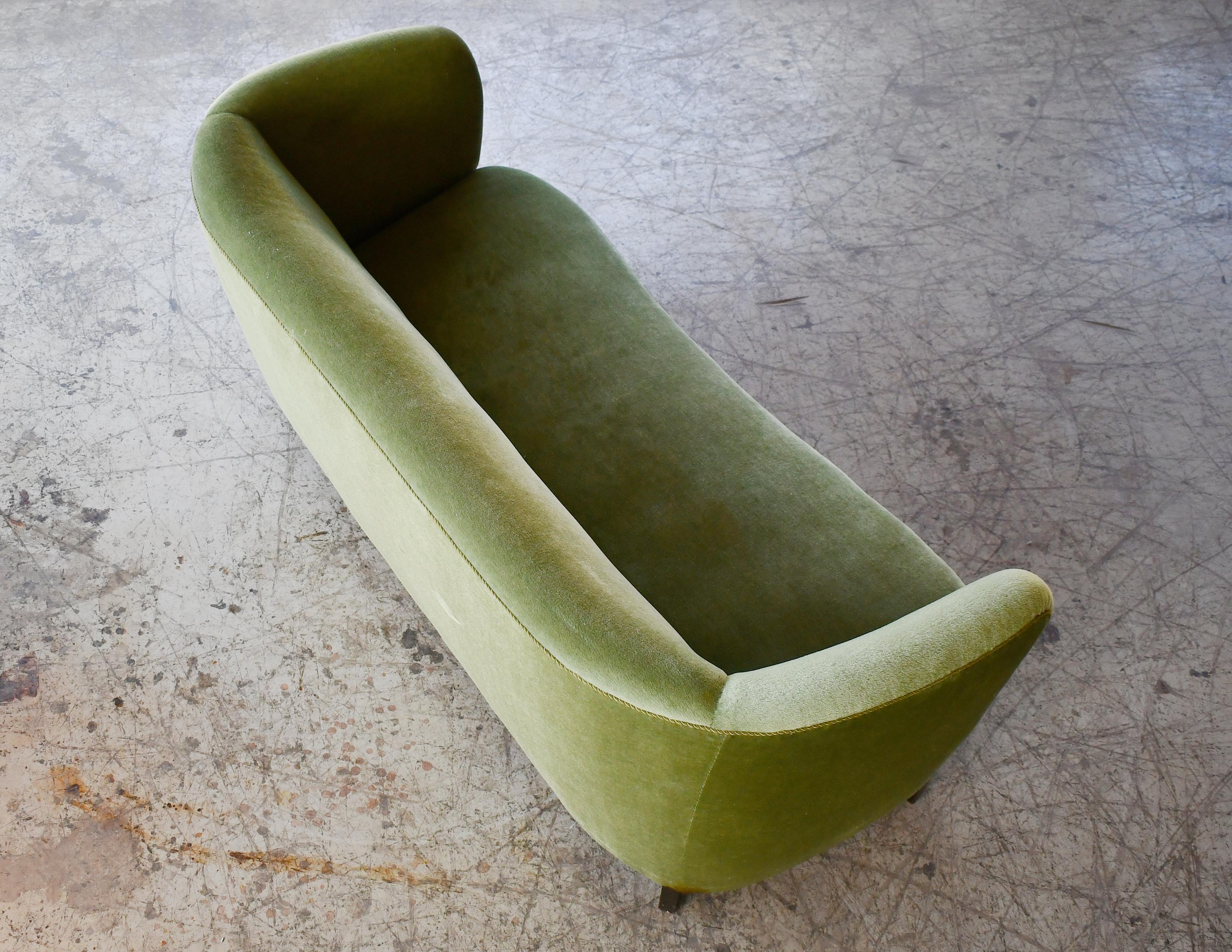 Danish 1940s Curved Banana Shape Loveseat in Green Mohair 2