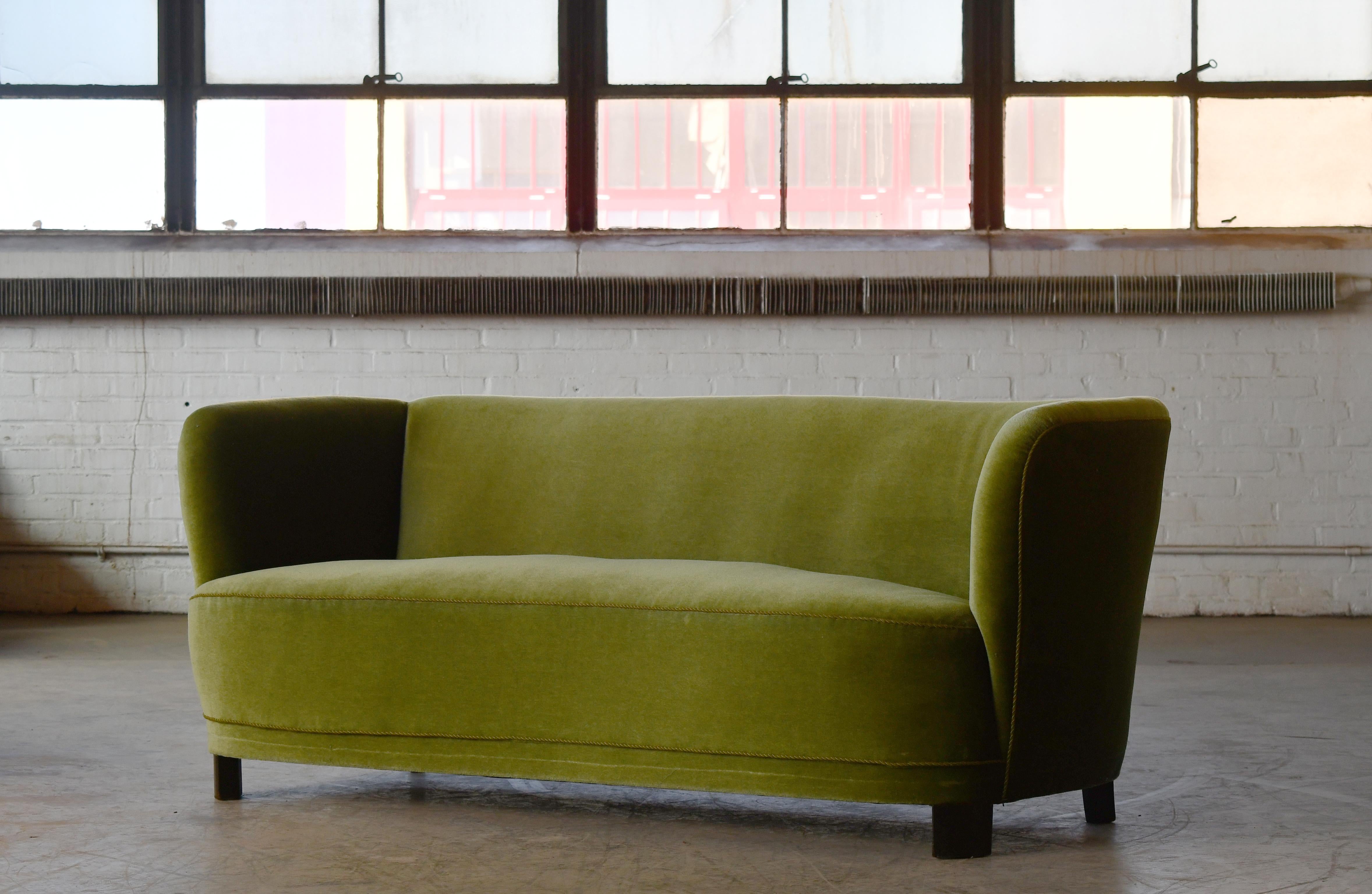 Danish 1940s Curved Banana Shape Loveseat in Green Mohair 3