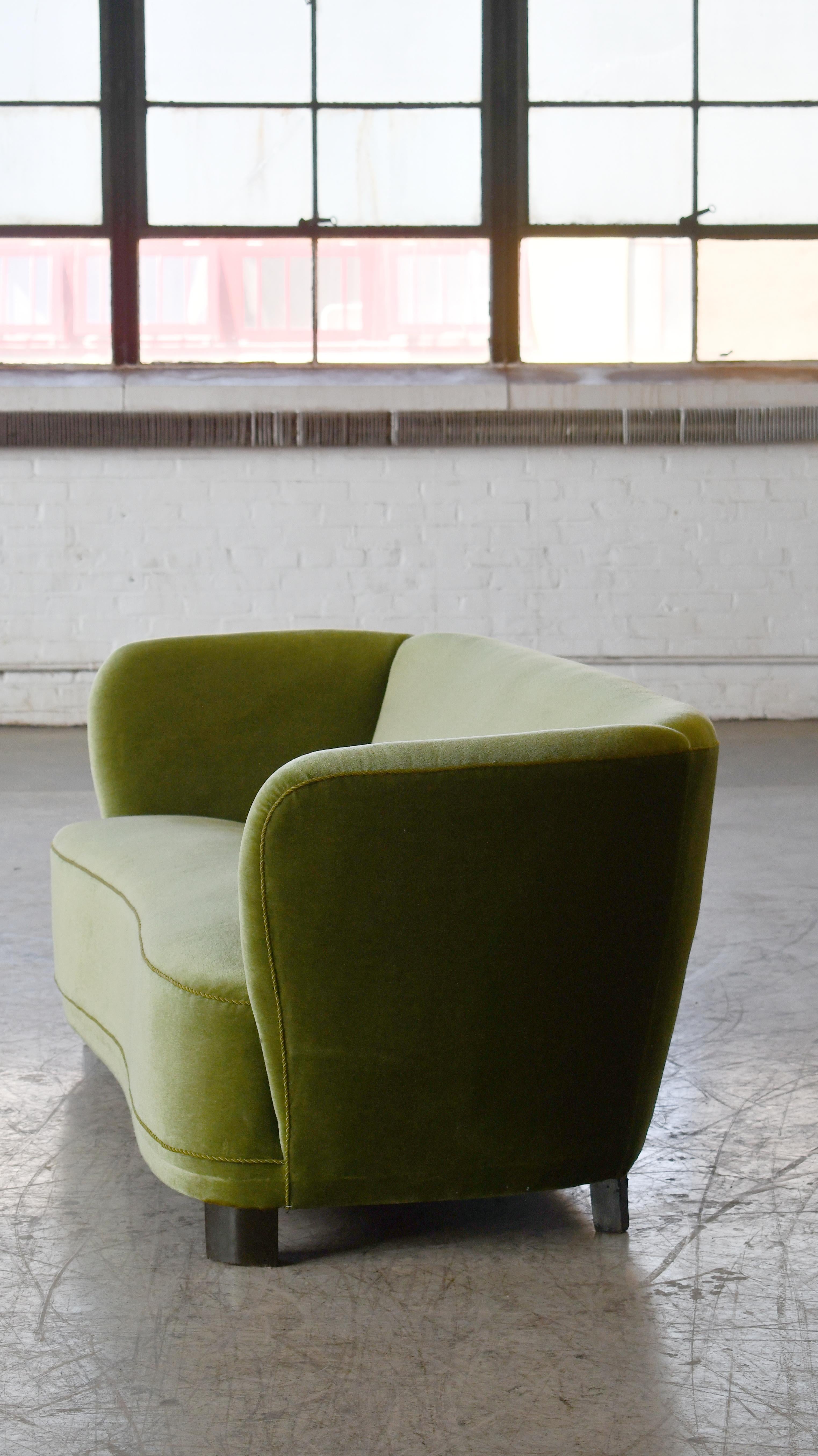 Danish 1940s Curved Banana Shape Loveseat in Green Mohair 4