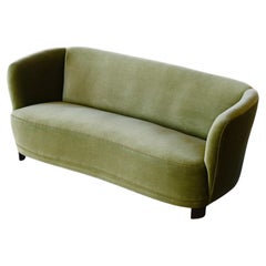 Danish 1940s Curved Banana Shape Loveseat in Green Mohair 