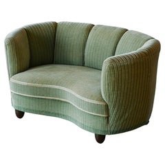 Danish 1940s Curved Banana Shape Loveseat in Green Mohair