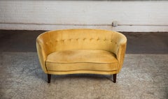 Danish 1940s Curved Banana Shape Loveseat in Yellow Mohair