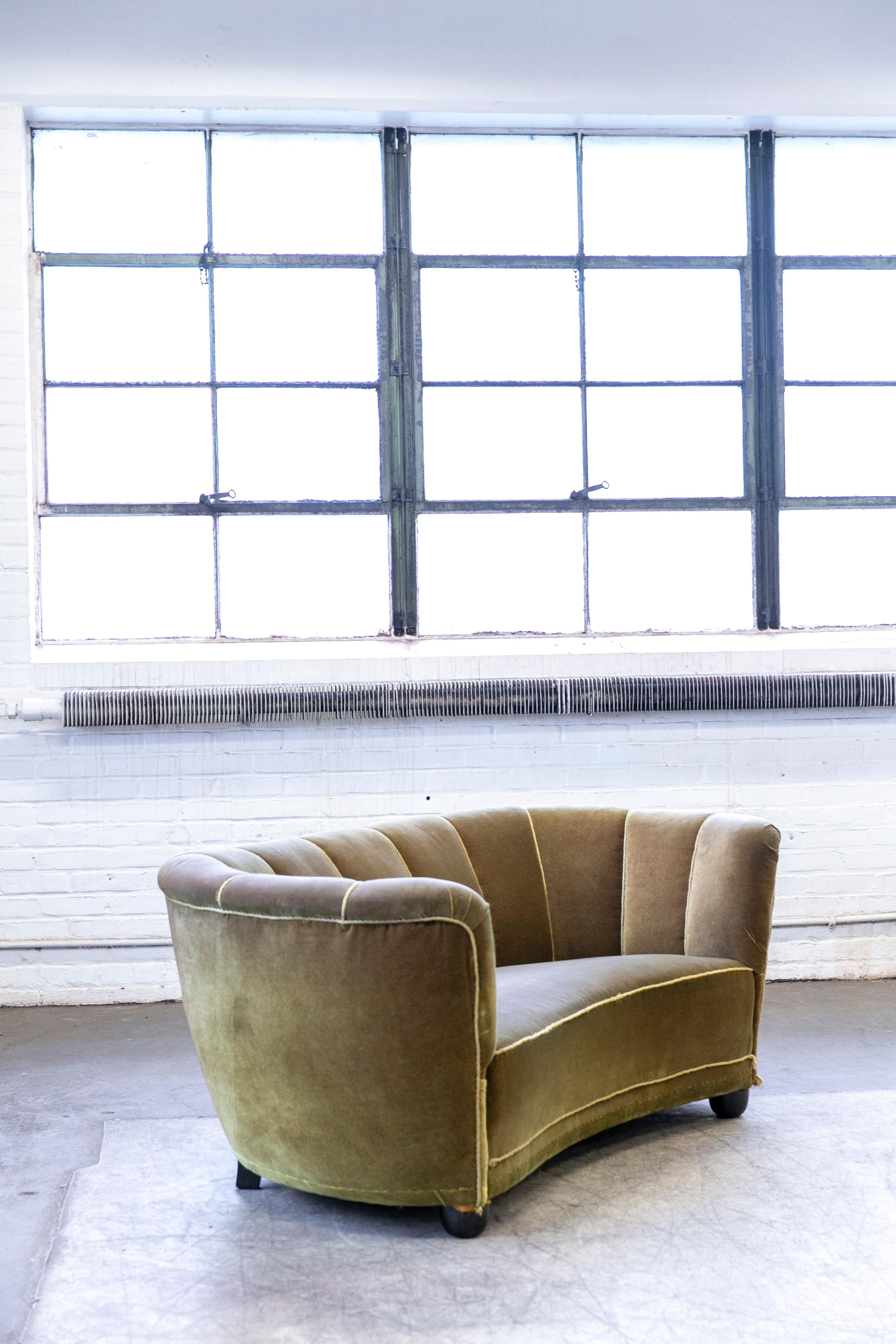 Mid-Century Modern Danish 1940s Curved Banana Shape Loveseat in Yellow Mohair