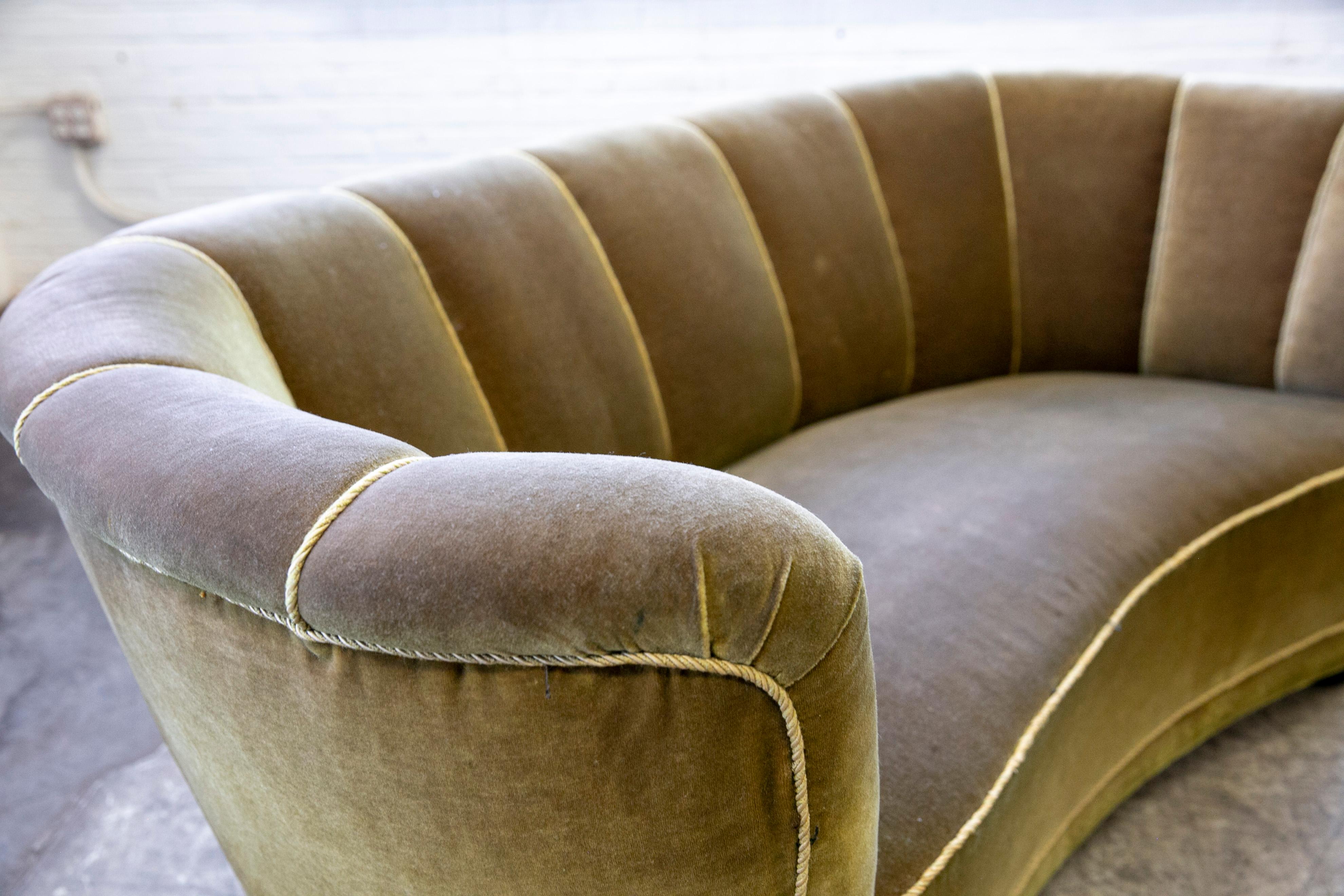 Mid-20th Century Danish 1940s Curved Banana Shape Loveseat in Yellow Mohair