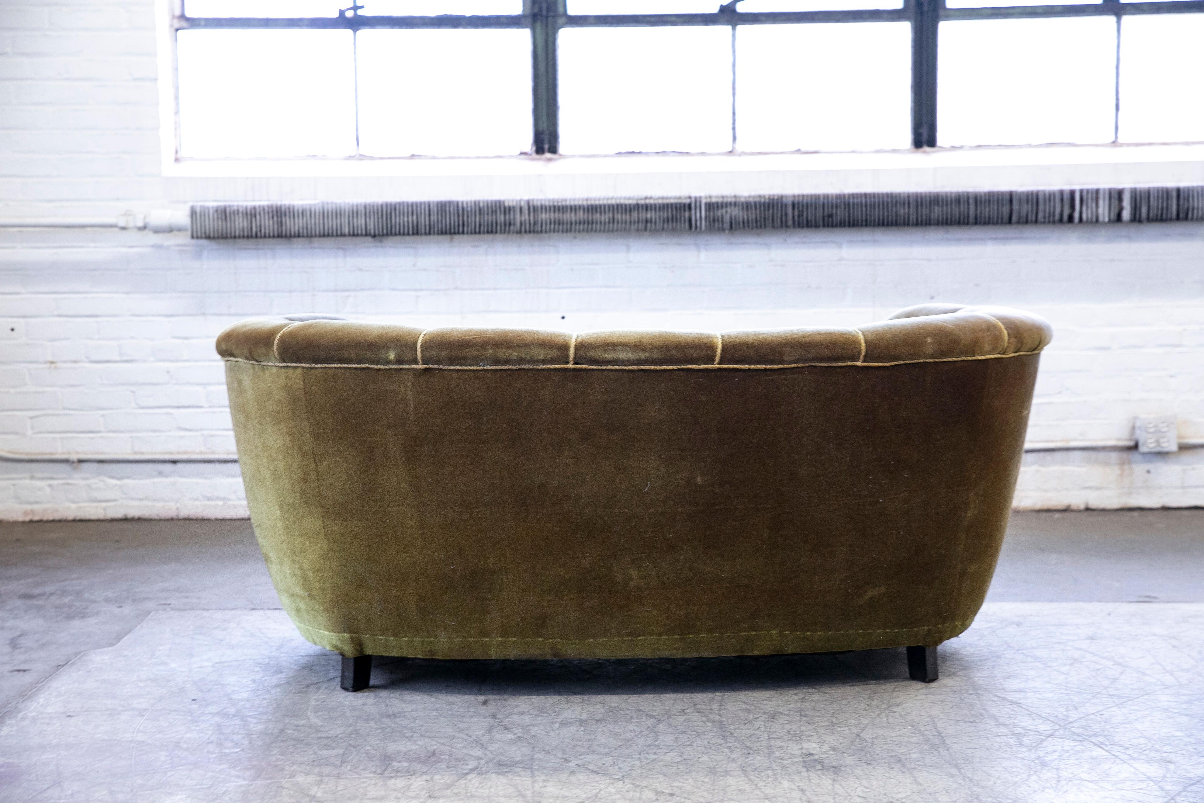 Danish 1940s Curved Banana Shape Loveseat in Yellow Mohair 1