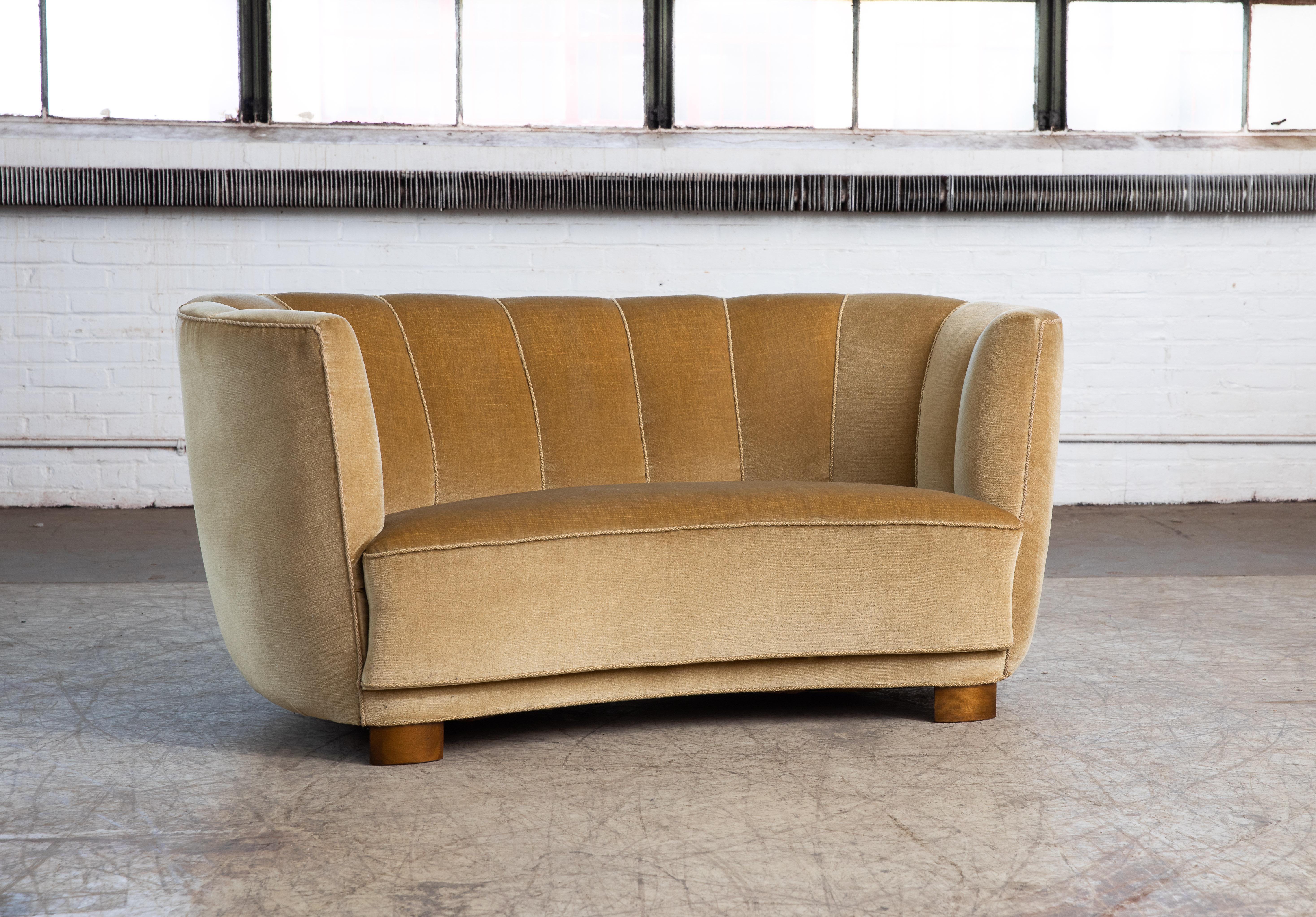 Danish 1940s Curved Banana Shape Loveseat in Yellow Mohair 2