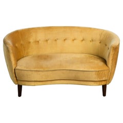 Danish 1940s Curved Banana Shape Loveseat in Yellow Mohair