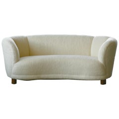 Vintage Danish 1940s Curved Banana Shape Sofa in Lambswool in the Style of Viggo Boesen