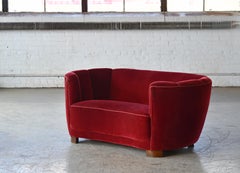 Danish 1940's Curved Loveseat or Small Sofa in Red Mohair