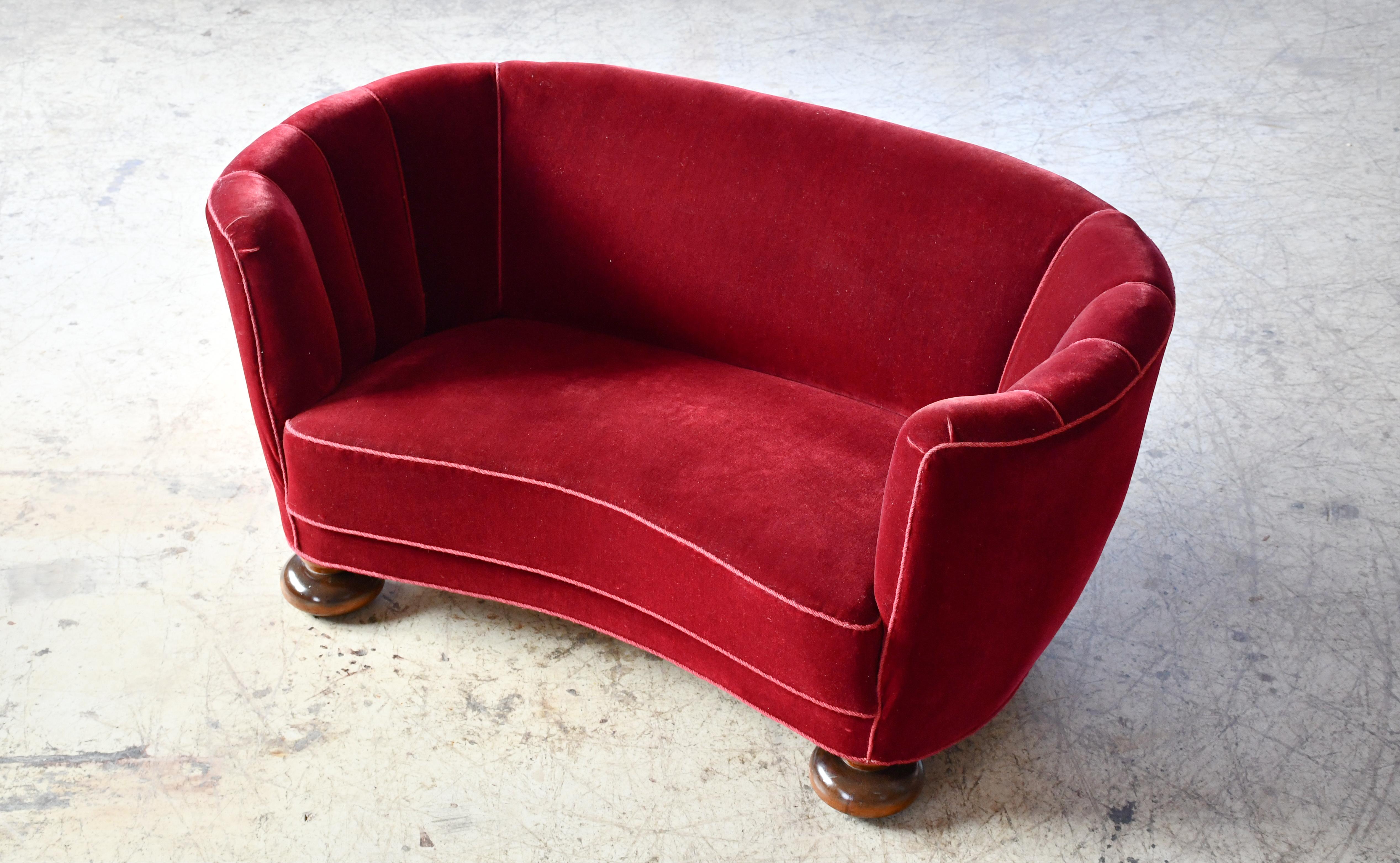 Mid-Century Modern Danish 1940's Curved Loveseat or Small Sofa in Red Mohair