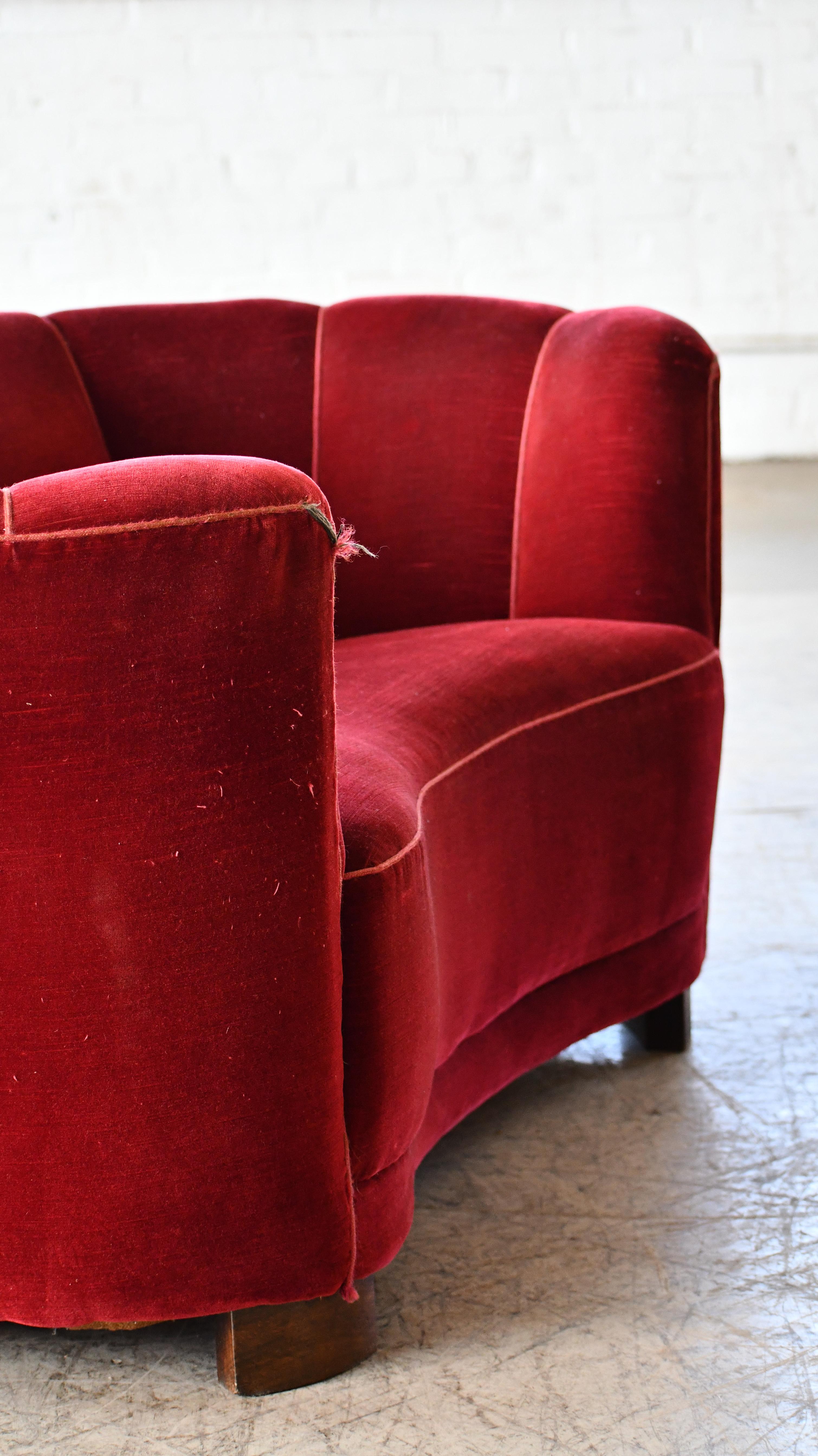 Mid-Century Modern Danish 1940's Curved Loveseat or Small Sofa in Red Mohair  For Sale